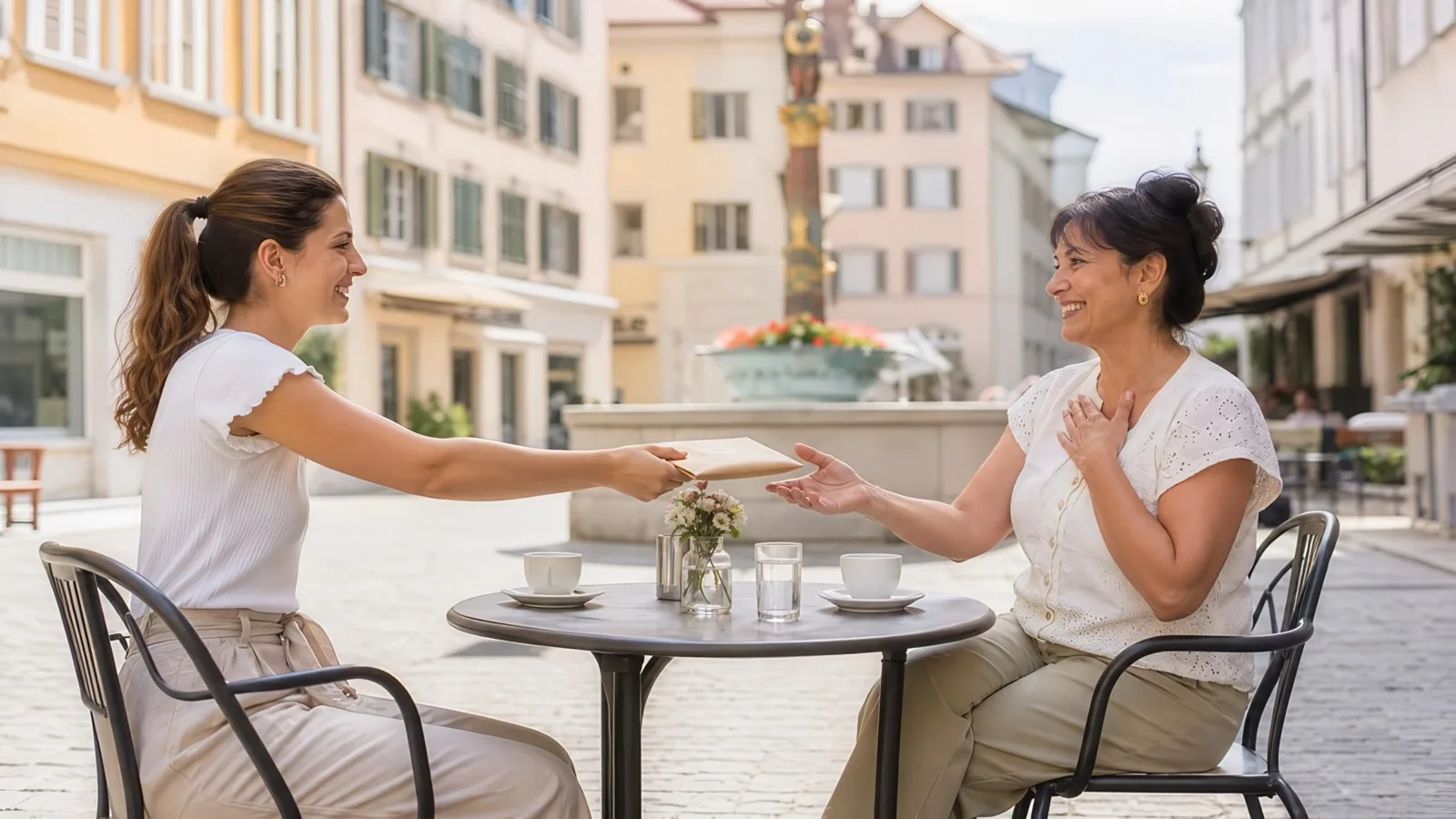 Eine Tochter überreicht ihrer Mutter den Gutschein an einem Cafétisch