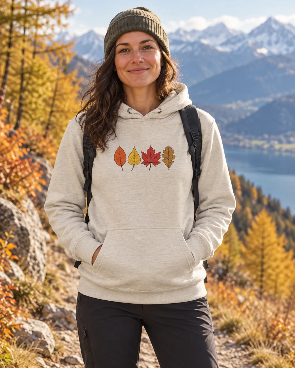 Herbstlaub Hoodie für Wanderfans im Herbst, getragen