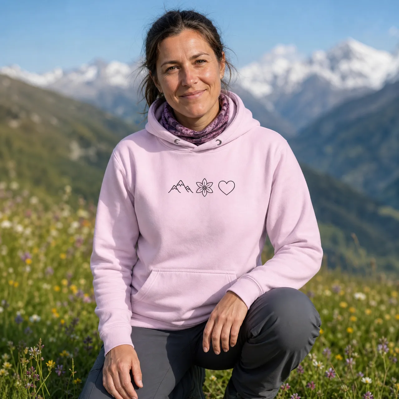 Mountains Edelweiss Heart, Hiking Hoodie, worn