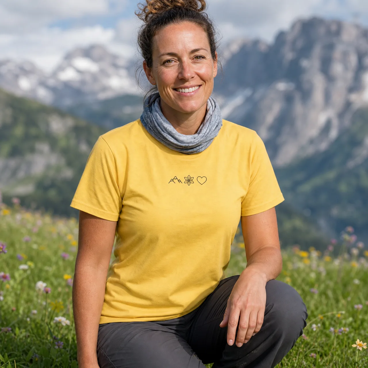 Mountains, Edelweiss & Heart: Swiss Hiking Tee, worn