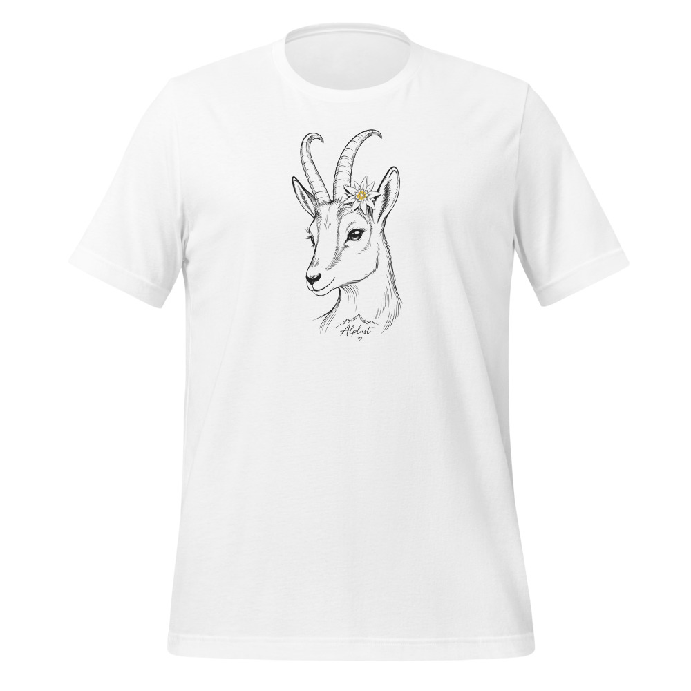 Gams in feinen Strichen, Kopfporträt mit Edelweiss, T-Shirt mit Alpentier-Sujet