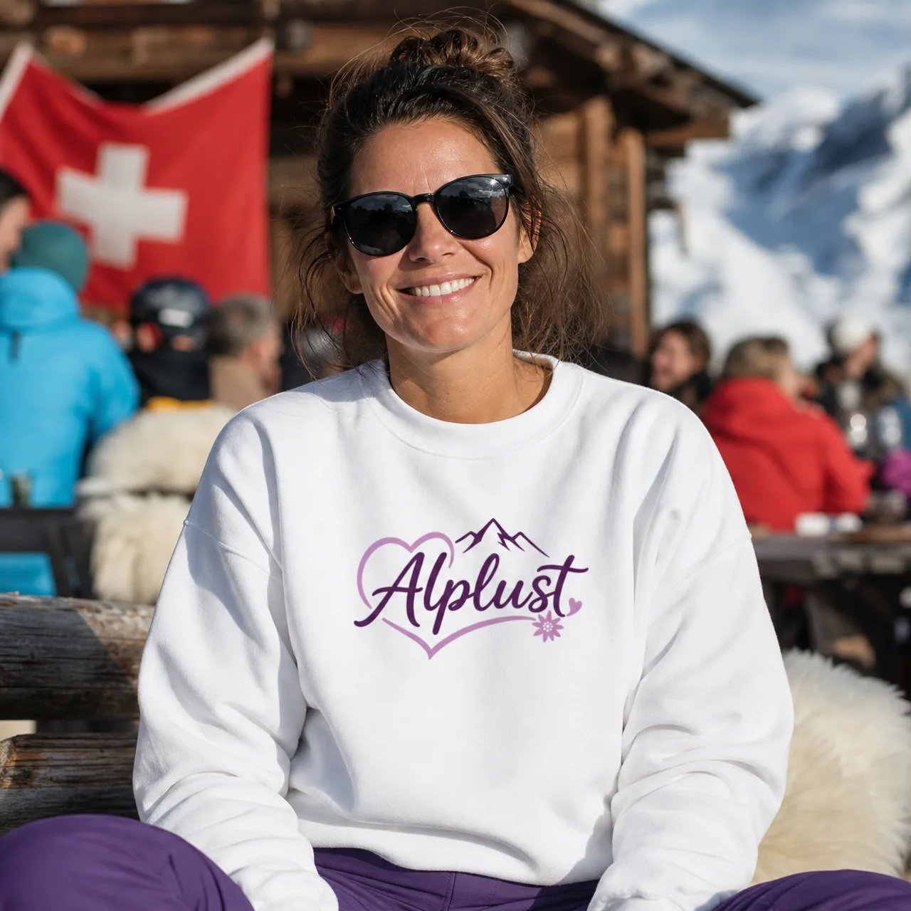 Alplust cœur & edelweiss Lilac, sweat-shirt montagne, porté