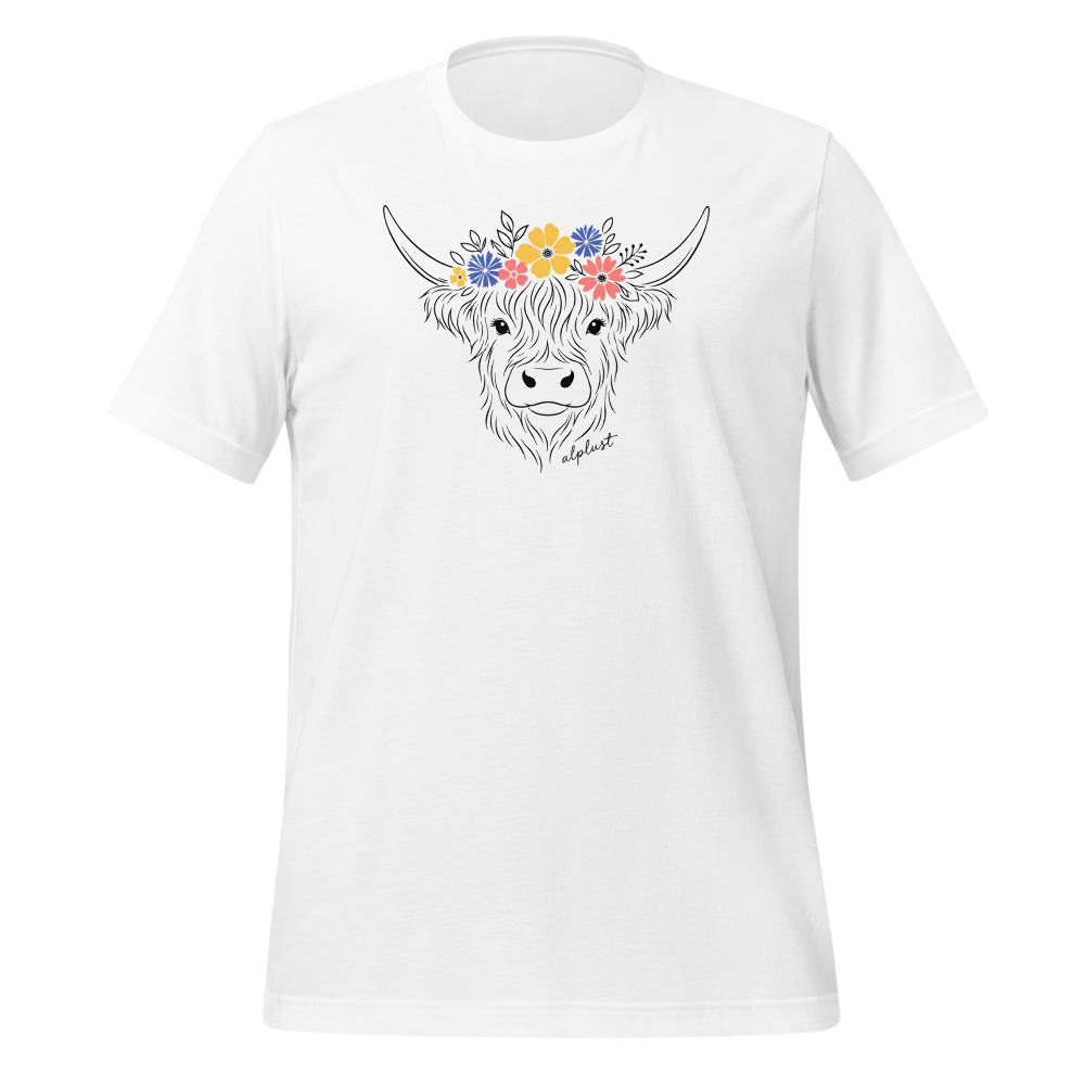 Hochlandrind mit Blumenkranz, Zottelkopf in Linien, T-Shirt mit Alpentier-Sujet