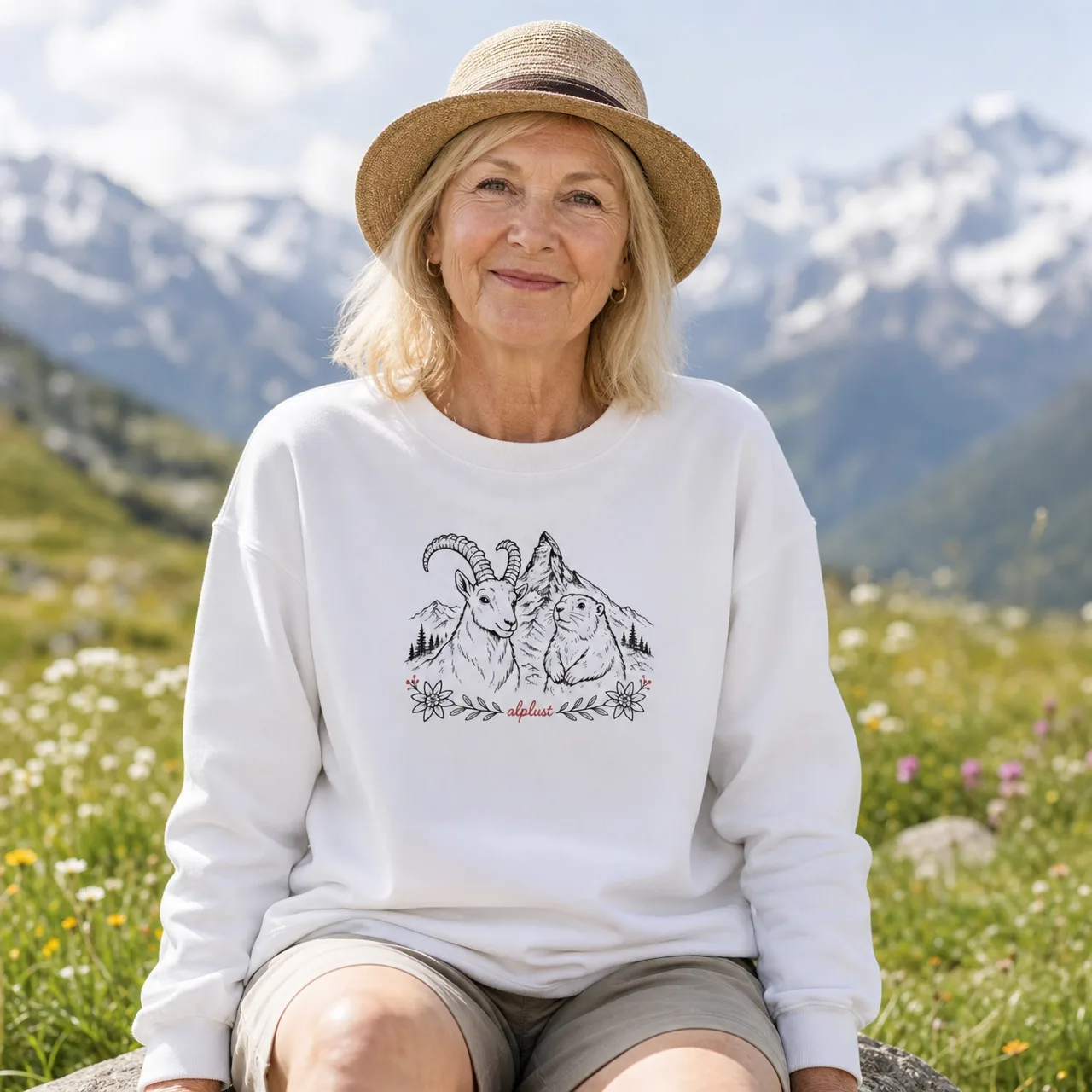 Bouquetin & marmotte, sweat-shirt animaux des Alpes, porté