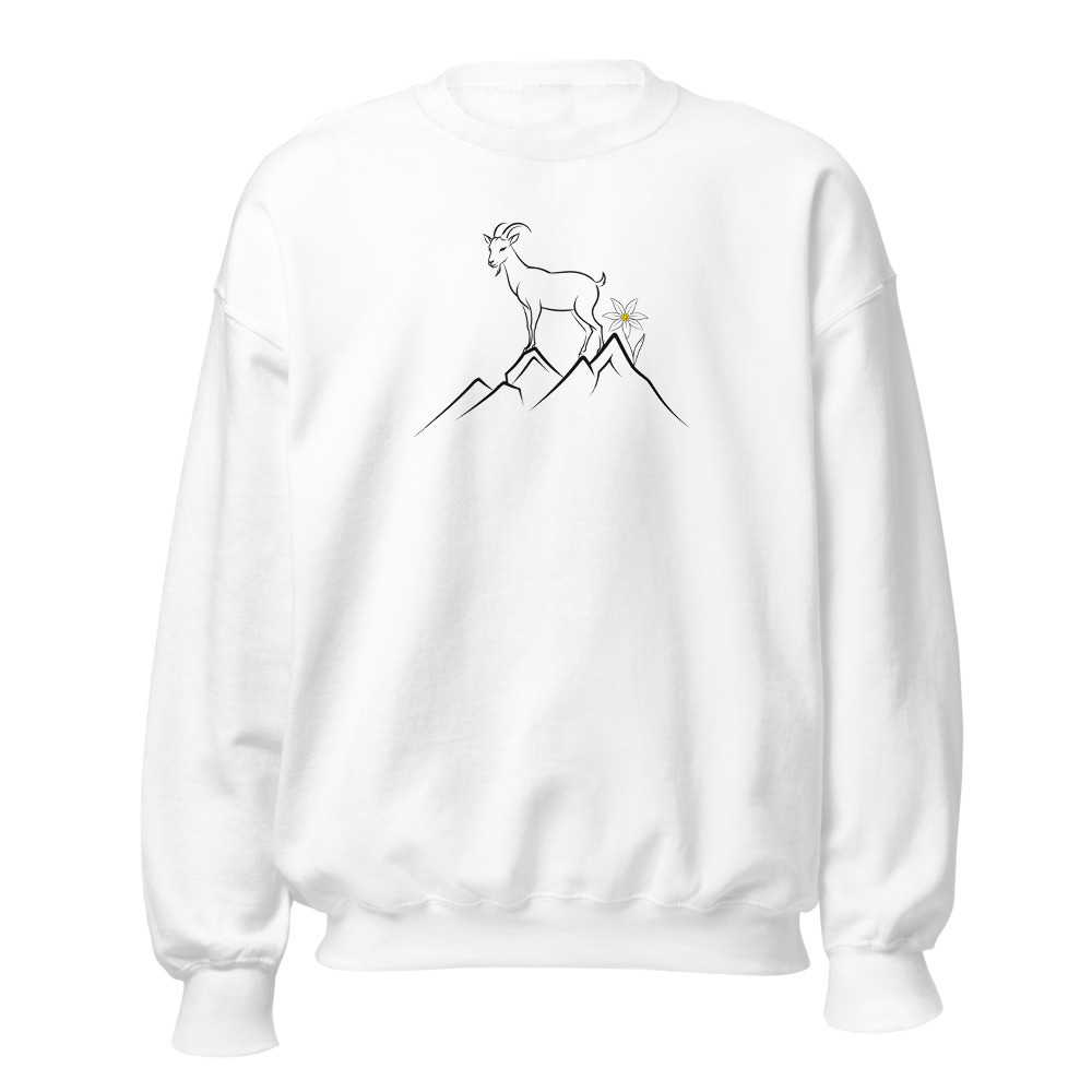 Bergziege am Gipfel mit Edelweiss, Alpentier-Sweatshirt, Sweatshirt mit Alpentier-Sujet