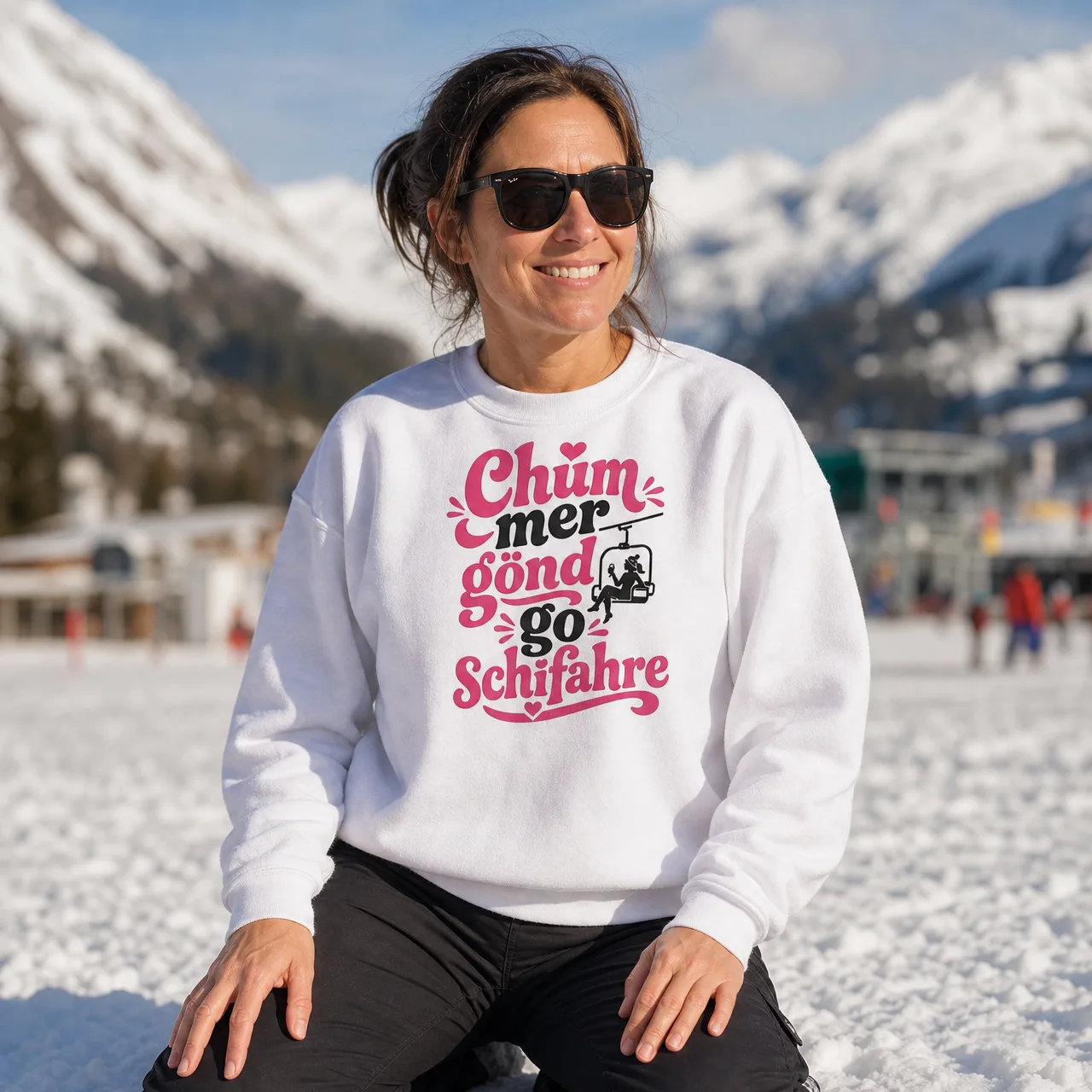 «Chum mer gönd go schifahre», sweat-shirt après-ski, porté