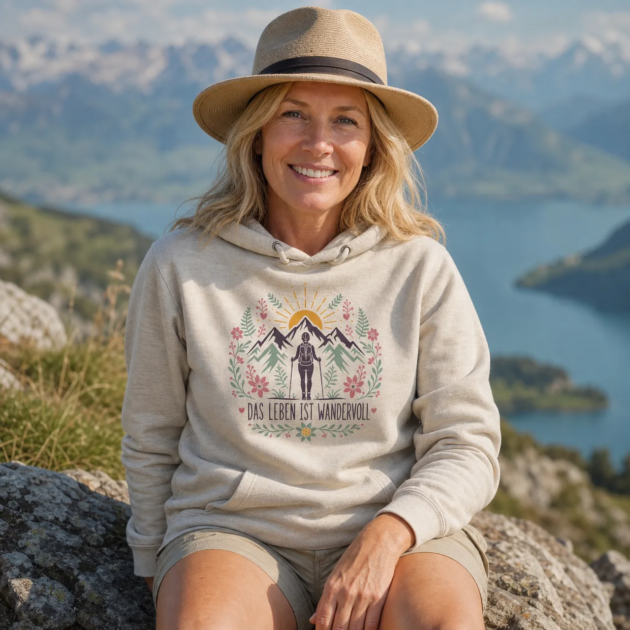 «Das Leben ist wandervoll» Wander-Hoodie Damen, getragen