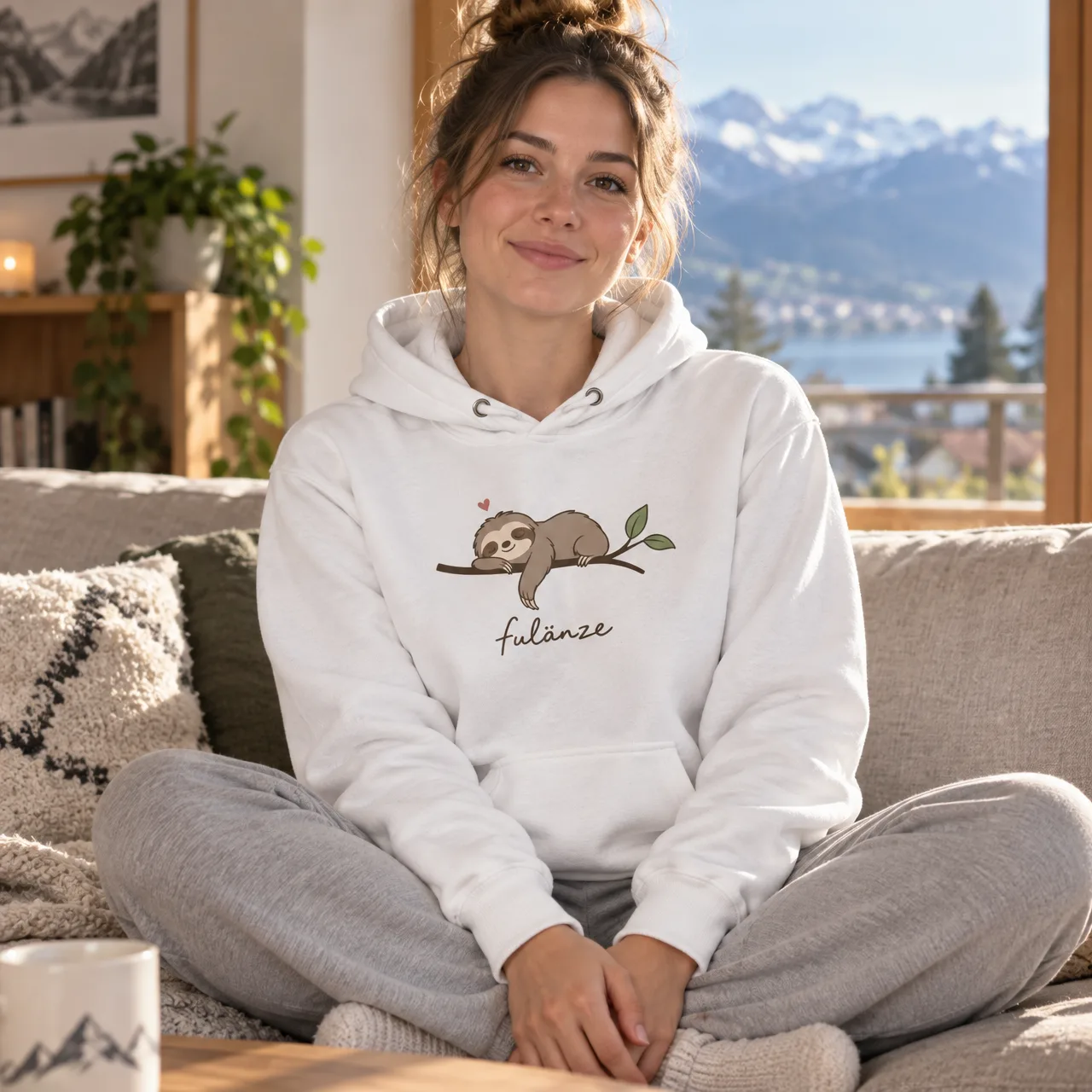 «Fulänze» Faultier Hoodie, Mundart & Sprüche, getragen