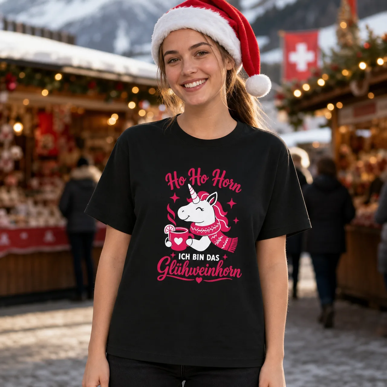 Glühweinhorn version foncée, t-shirt licorne Avent, porté