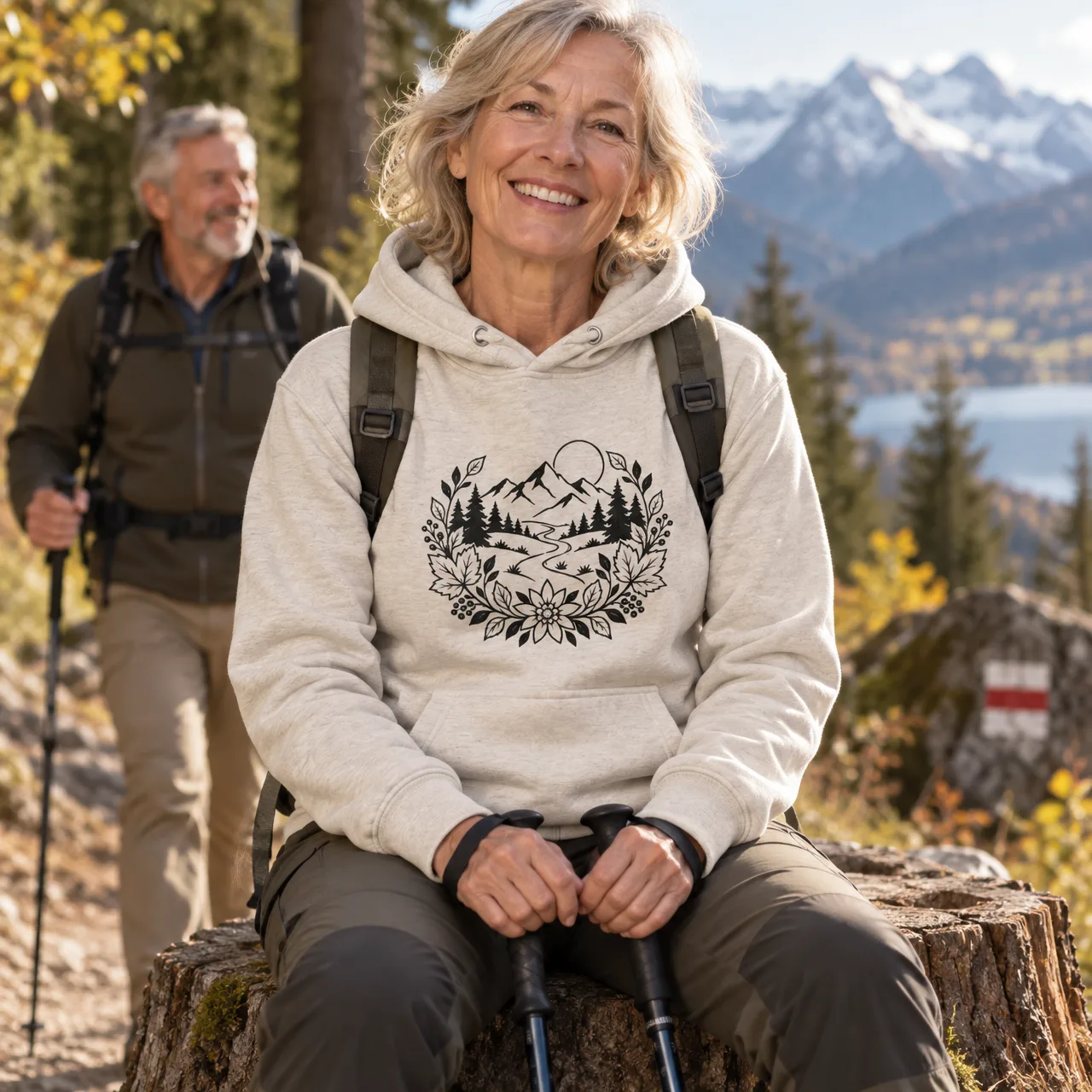 Bergpfad im Herbstlaub Hoodie, Wandern, getragen