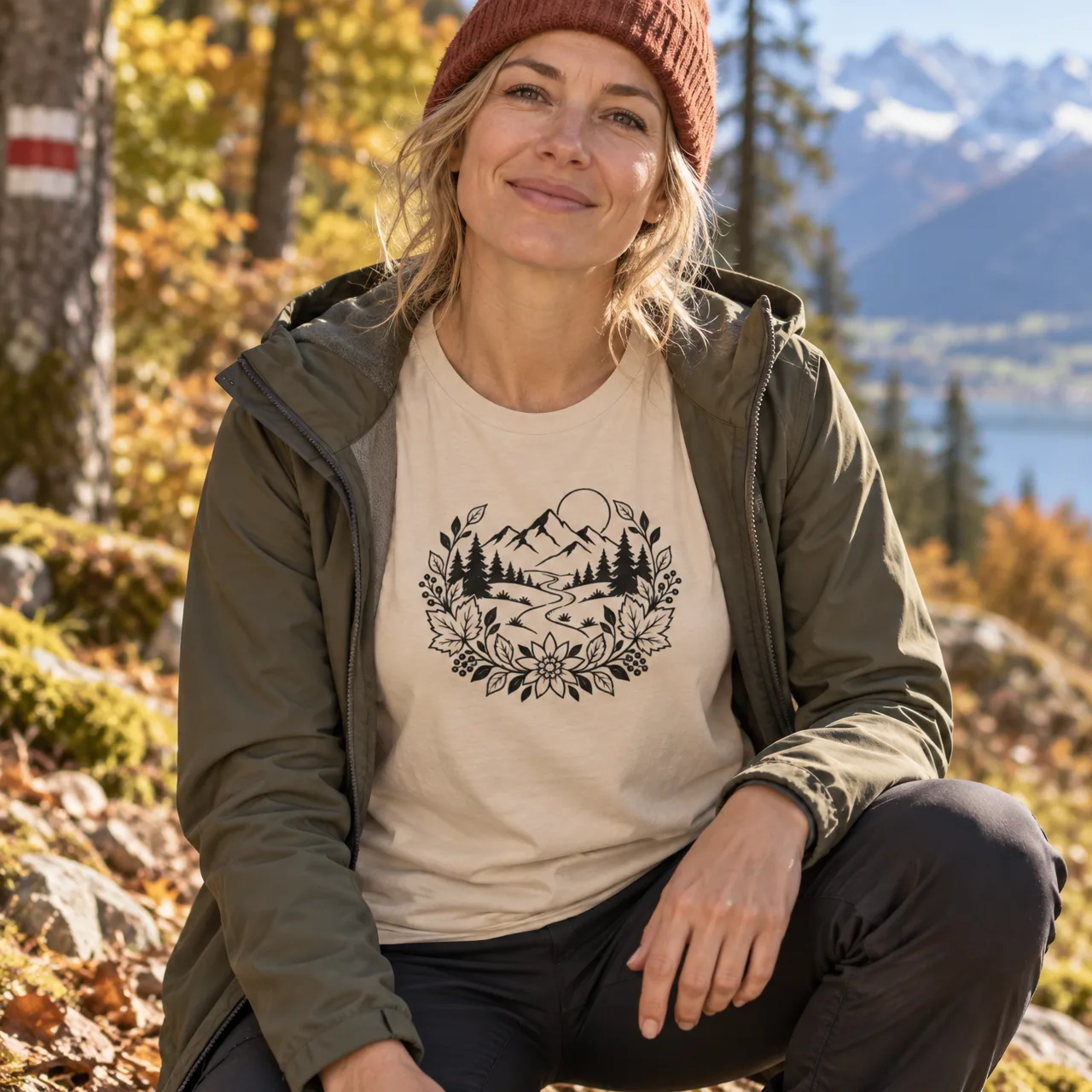 Berglandschaft im Blätterkranz, Wander-T-Shirt, getragen