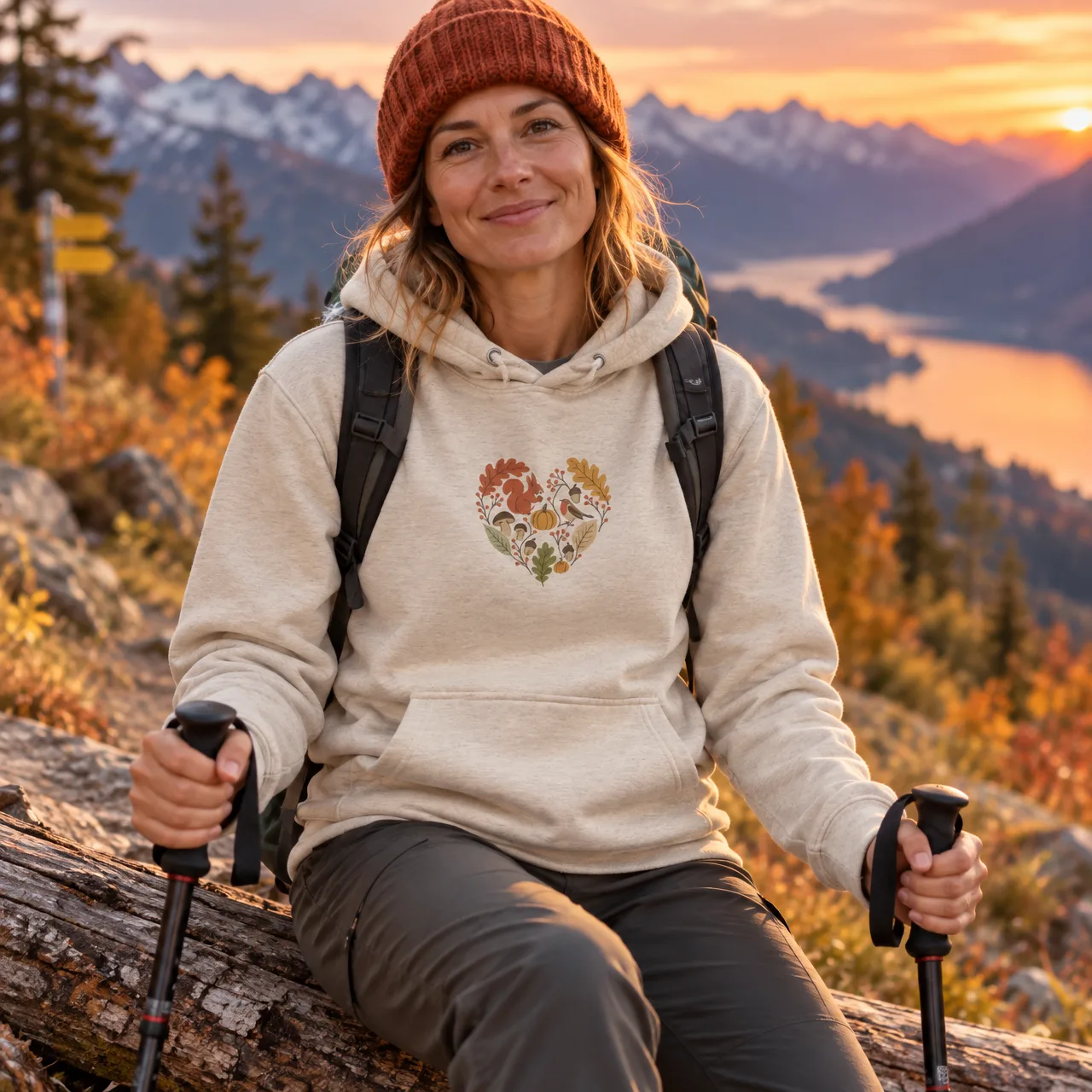 Herbstherz Hoodie: Wandern im Herbst, getragen