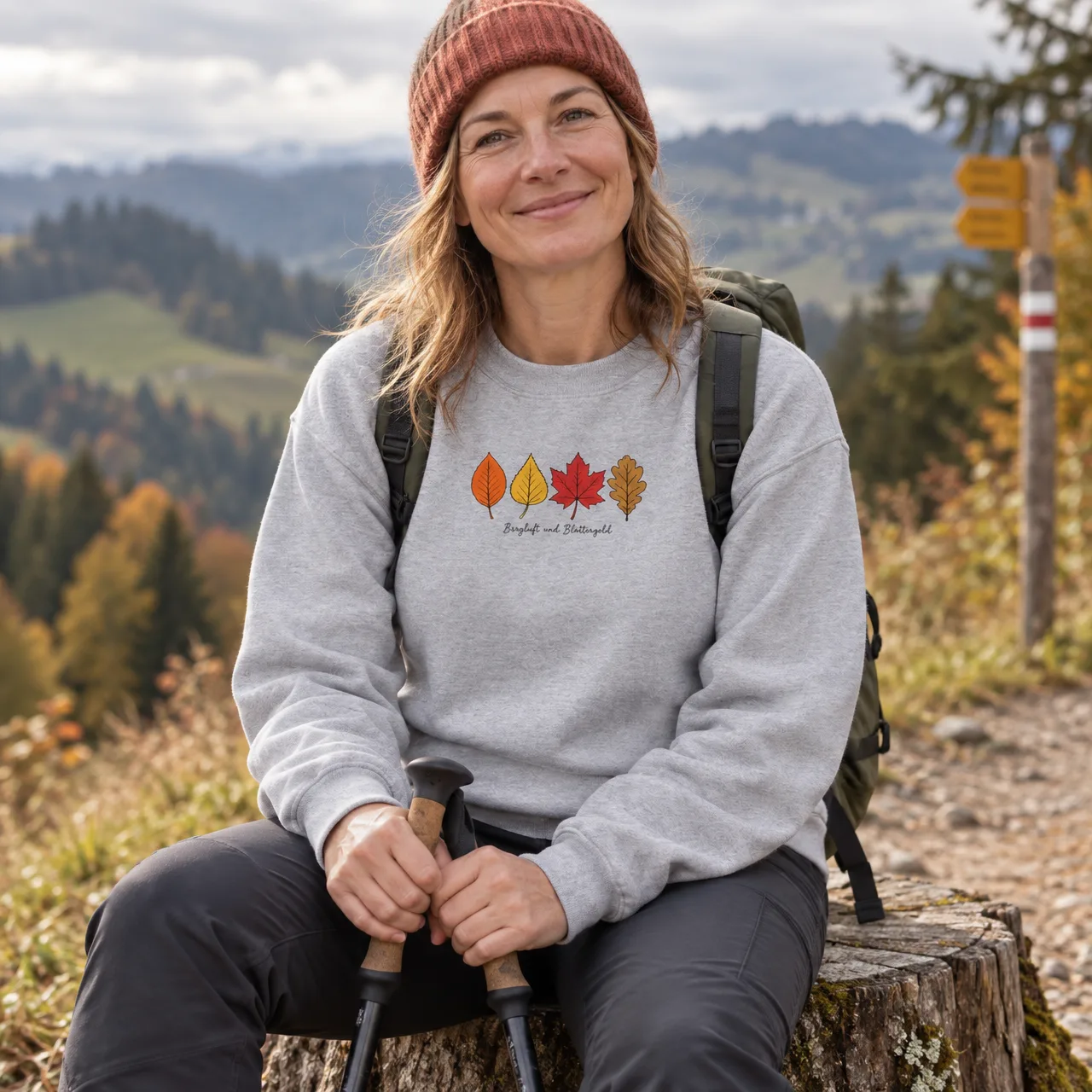 Bergluft und Blättergold Sweatshirt für Wanderer, getragen