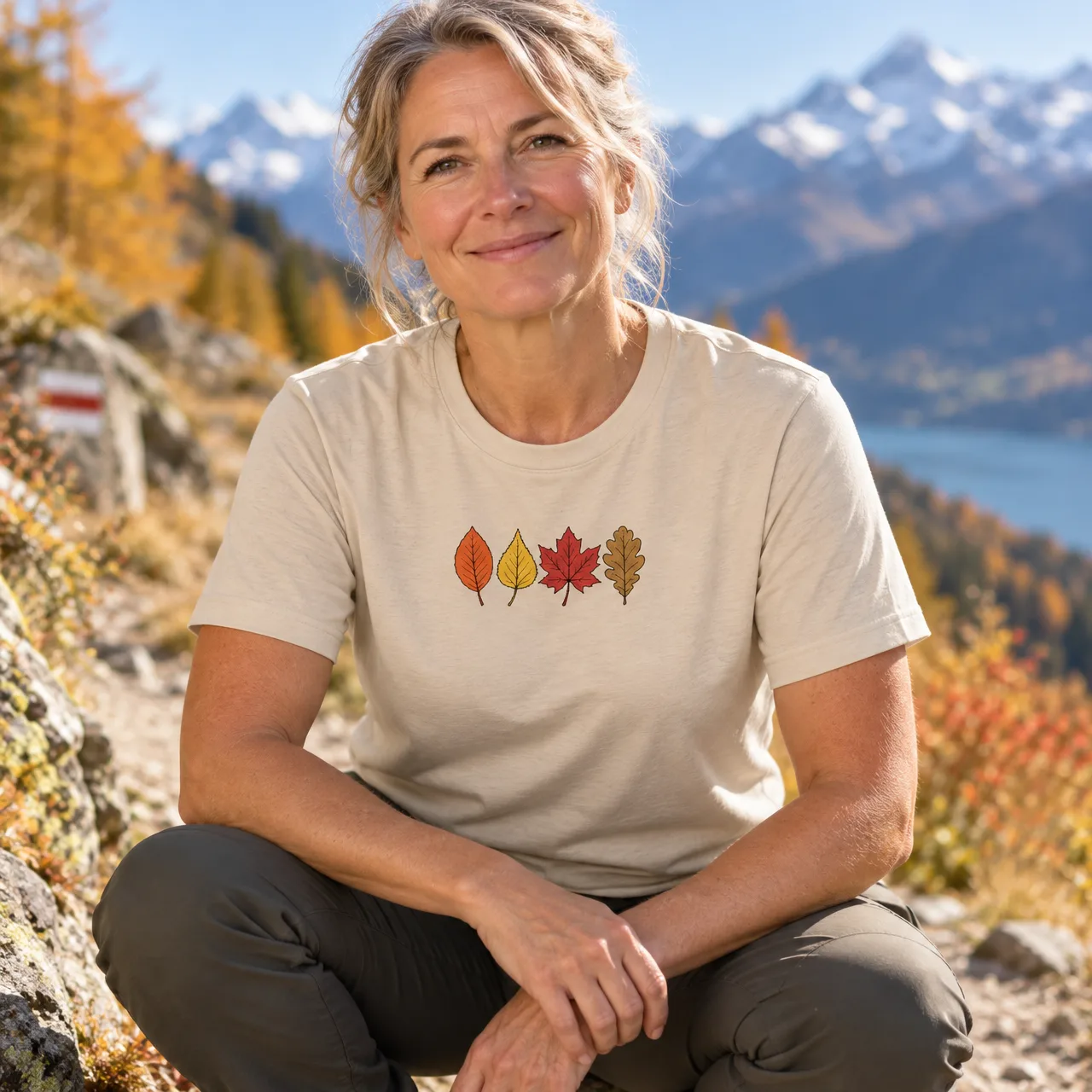 Autumn Leaves, Swiss Hiking Tee for Fall, worn