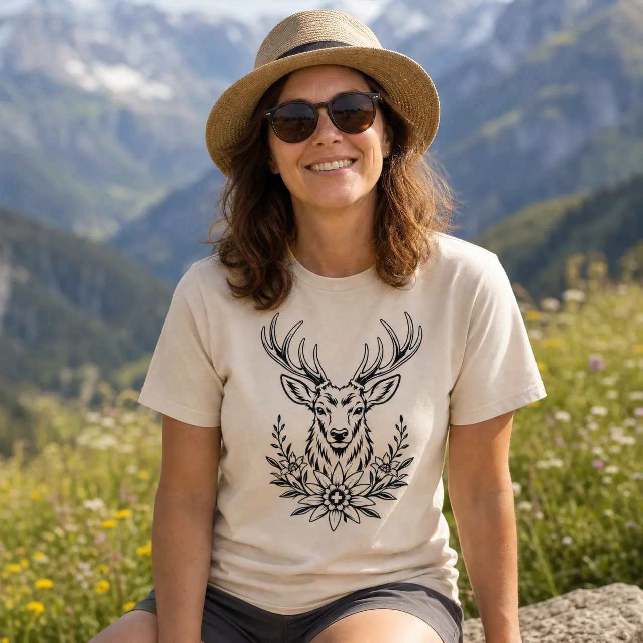 Cervo con edelweiss, maglietta animali delle Alpi, indossata