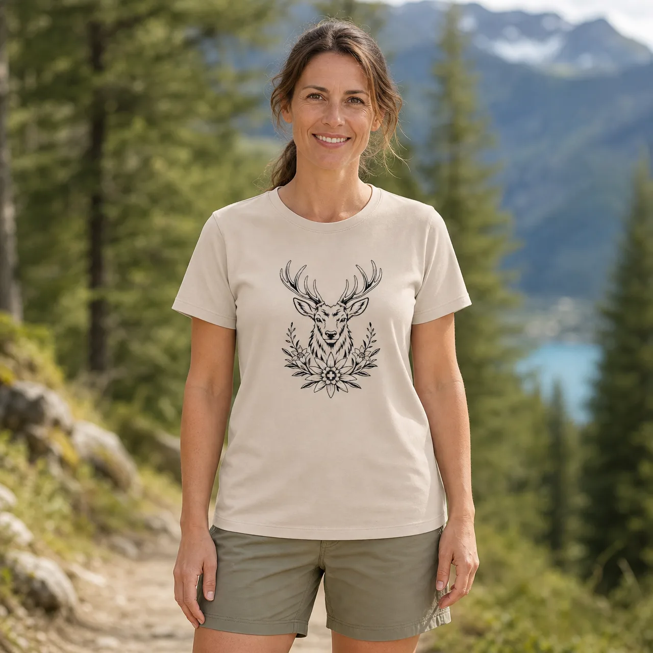 Cervo con edelweiss, maglietta animali delle Alpi, indossata