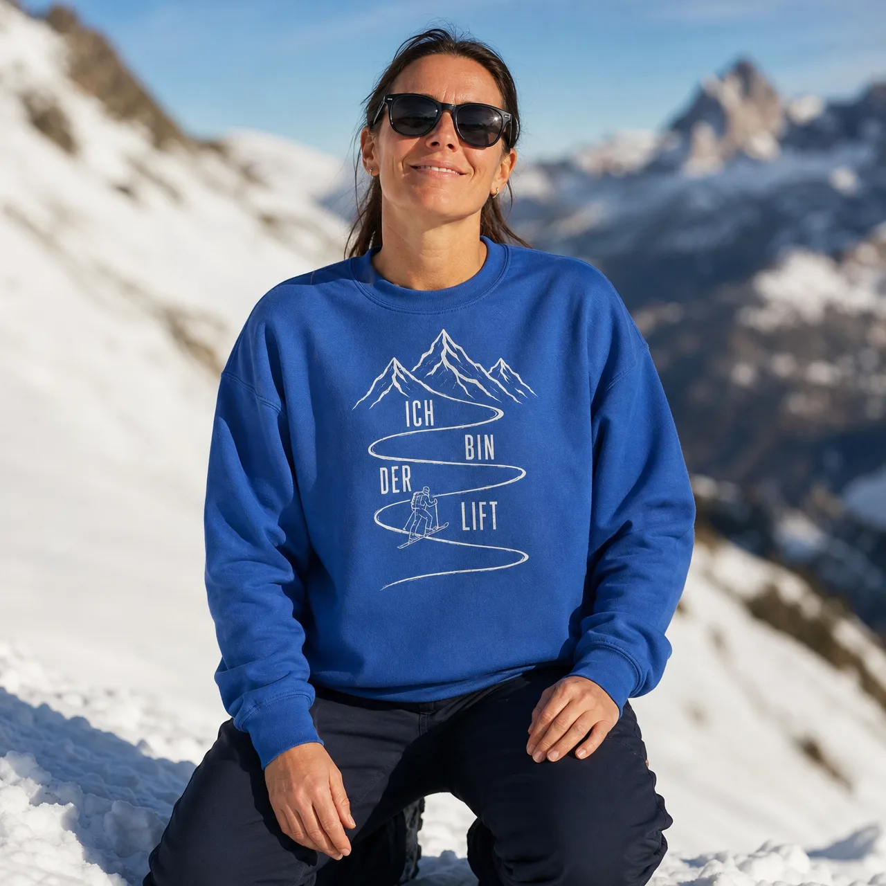 Felpa «Ich bin der Lift» per lo scialpinismo, indossata