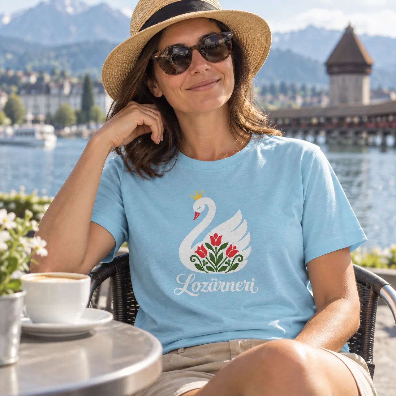 Lozärneri Schwan T-Shirt, Schweizer Tiermotiv, getragen