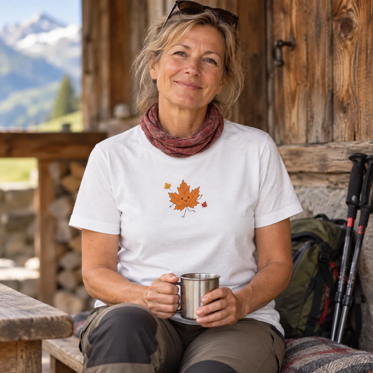 Funny Autumn Leaf, Swiss Hiking Graphic Tee, worn