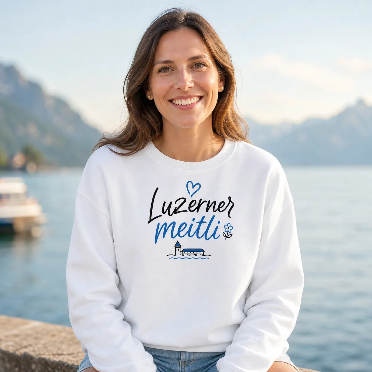 Sweat-shirt Luzerner Meitli, humour suisse, porté