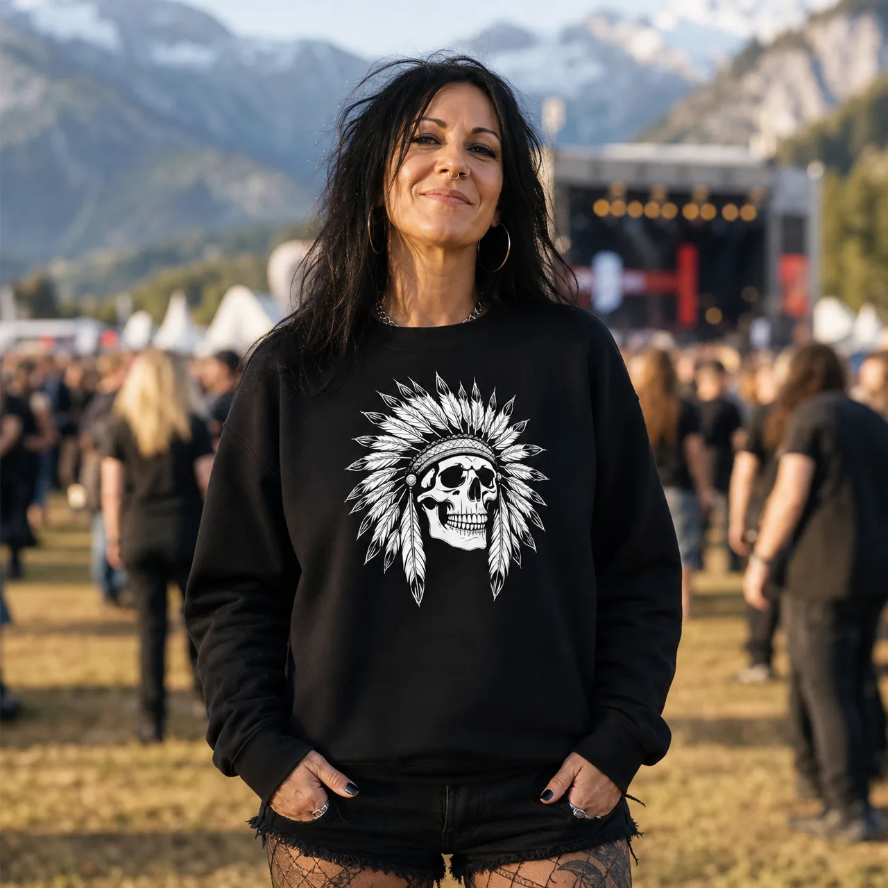 Crâne à coiffe de plumes, sweat-shirt d'été, porté