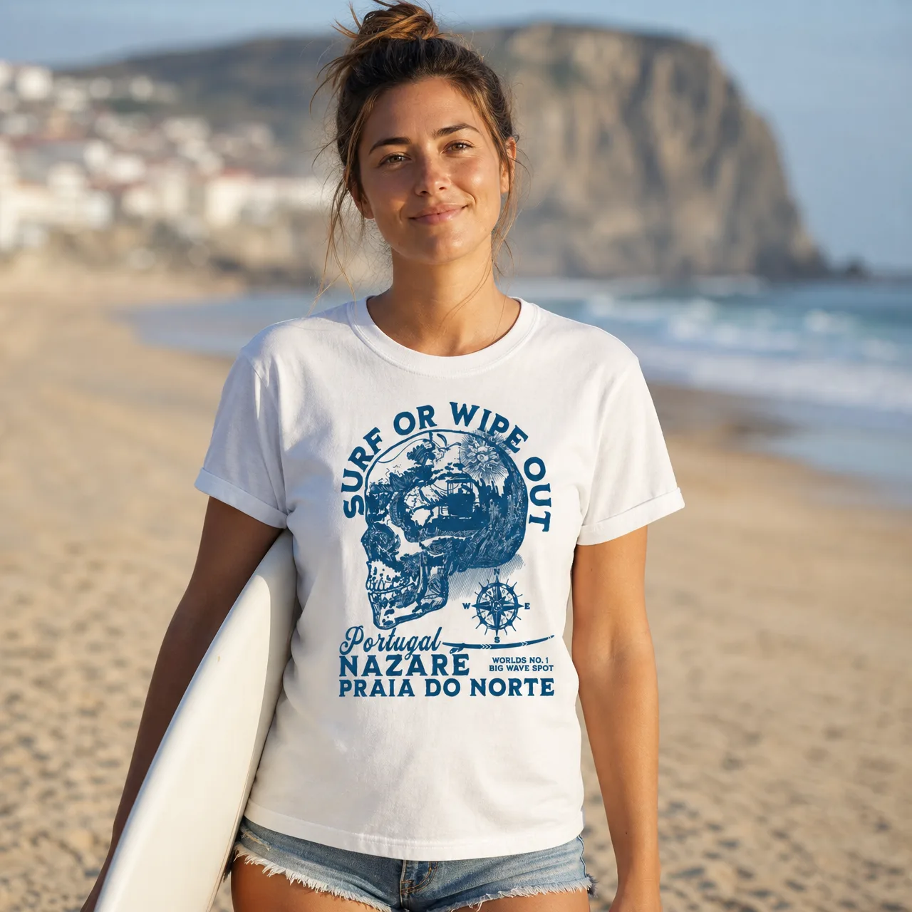 Nazaré Surf-Skull, Sommer- & Ferien-T-Shirt, getragen