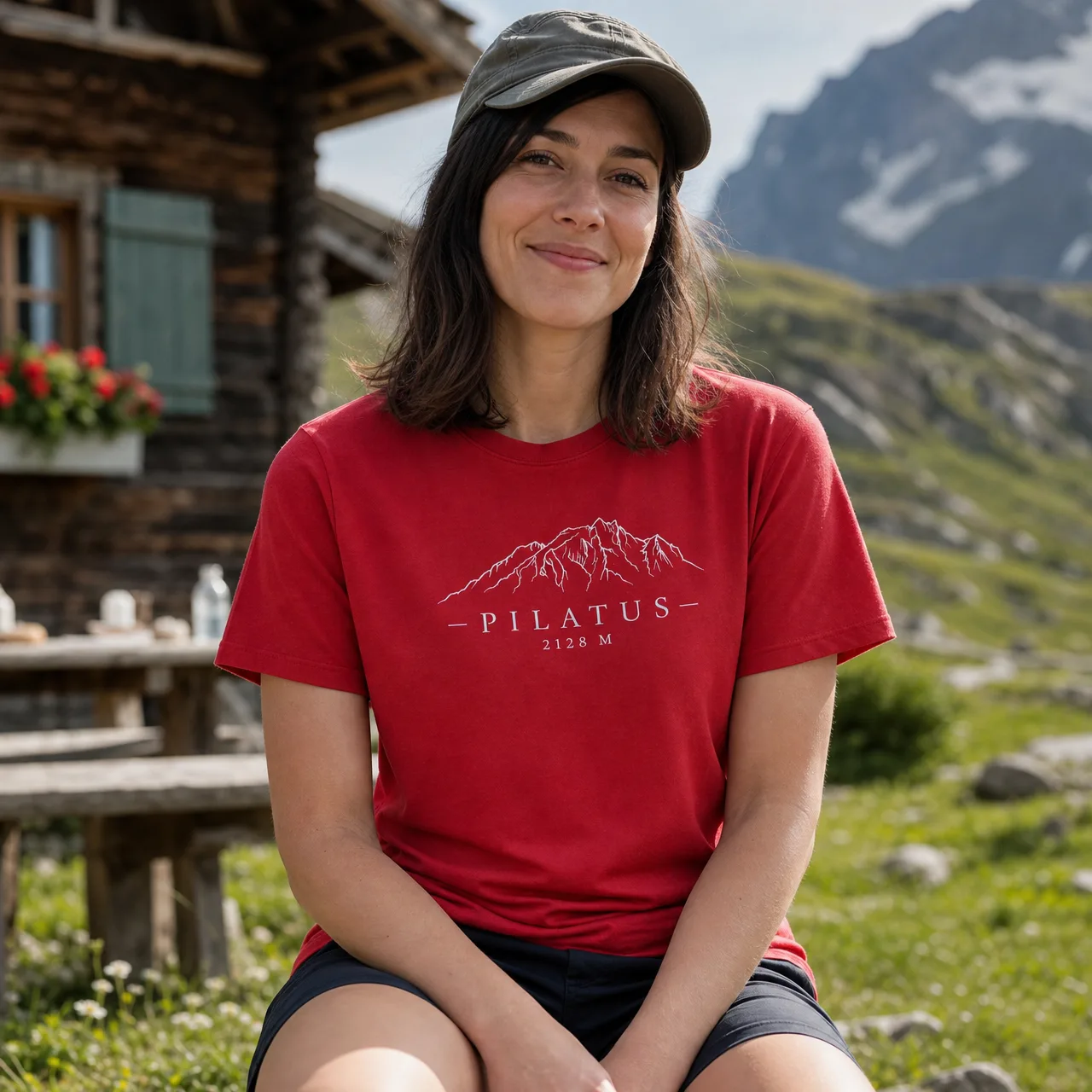 Pilatus 2128 m in bianco, maglietta montagna scura, indossata