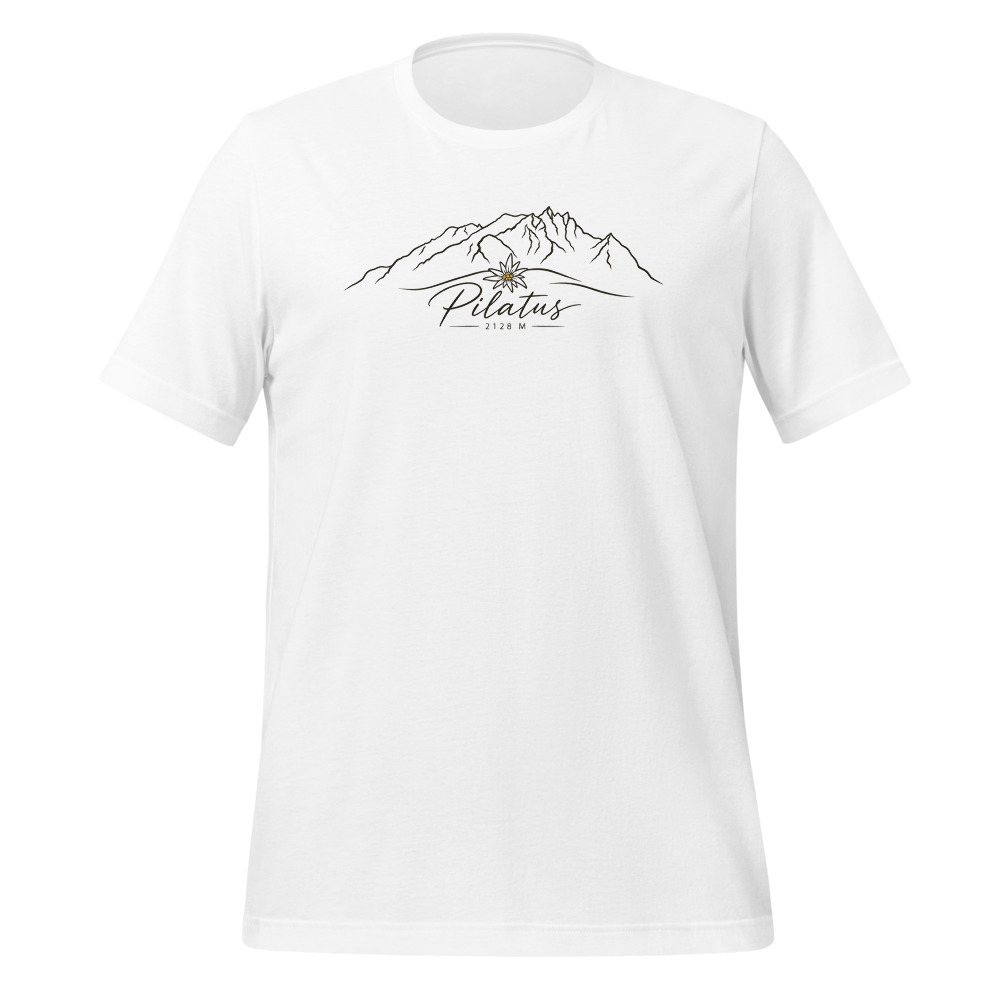 Pilatus 2128 m, Schreibschrift mit Edelweiss, Berg-T-Shirt mit Alpen-Sujet