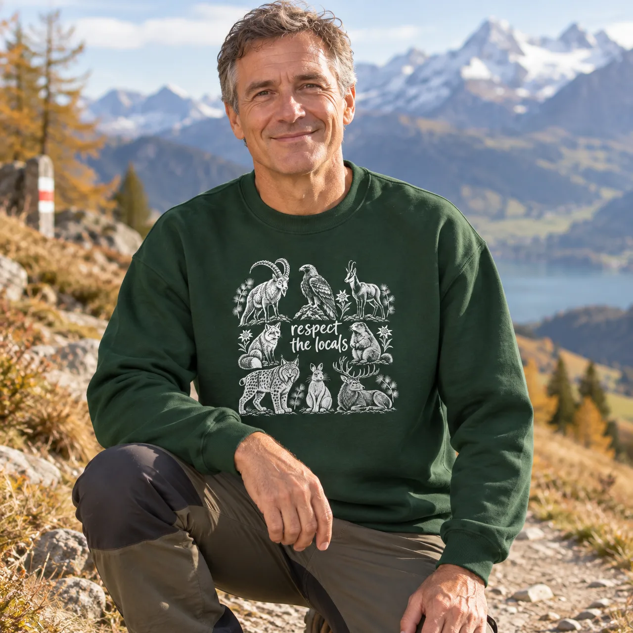 Respect the Locals, felpa animali delle Alpi, indossata