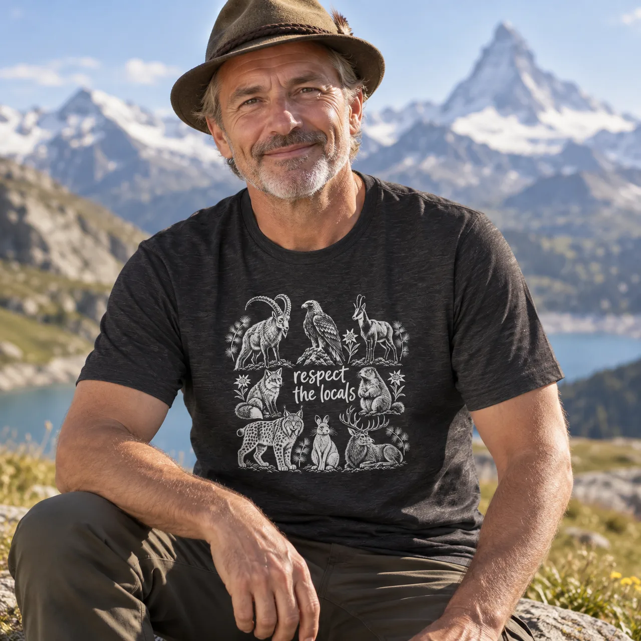 «Respect the Locals» T-Shirt: Tiere der Alpen, getragen
