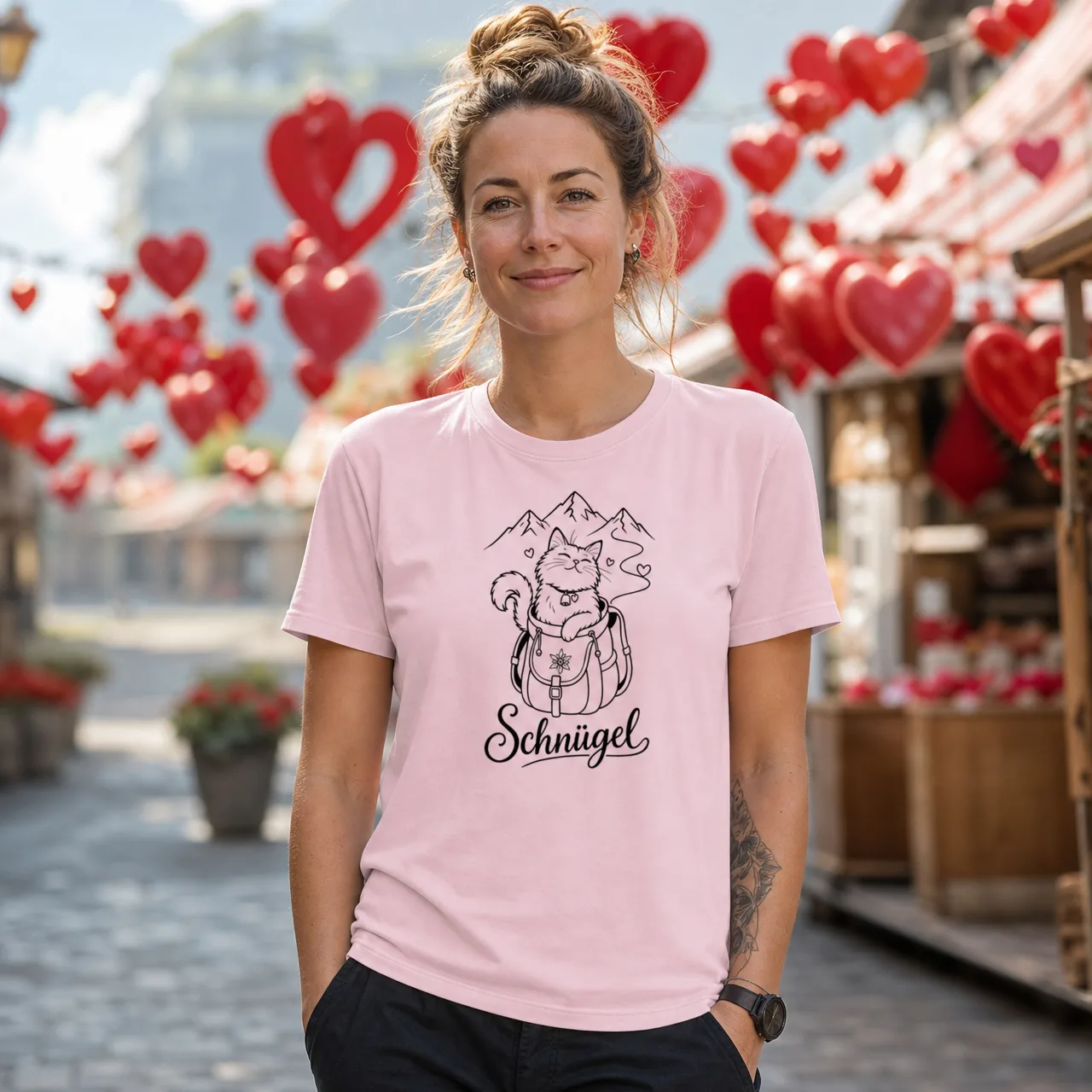Schnügel Katze T-Shirt, Schweizerdeutscher Spruch, getragen