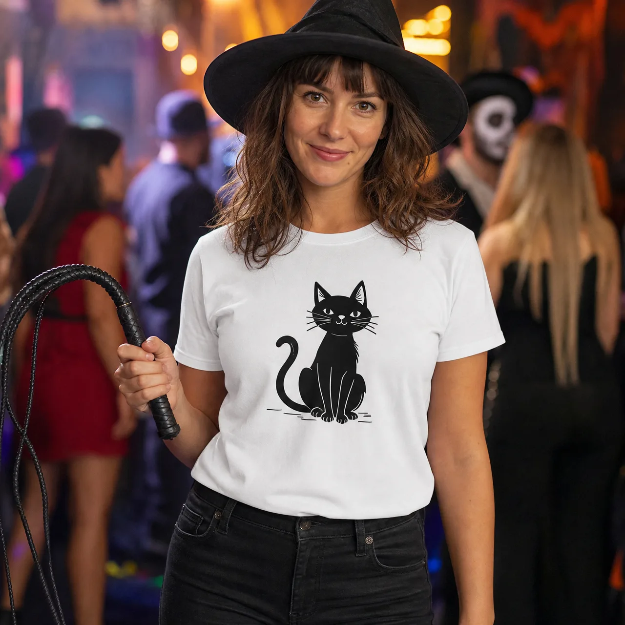 Black Cat T-Shirt: Halloween Animal Design, worn