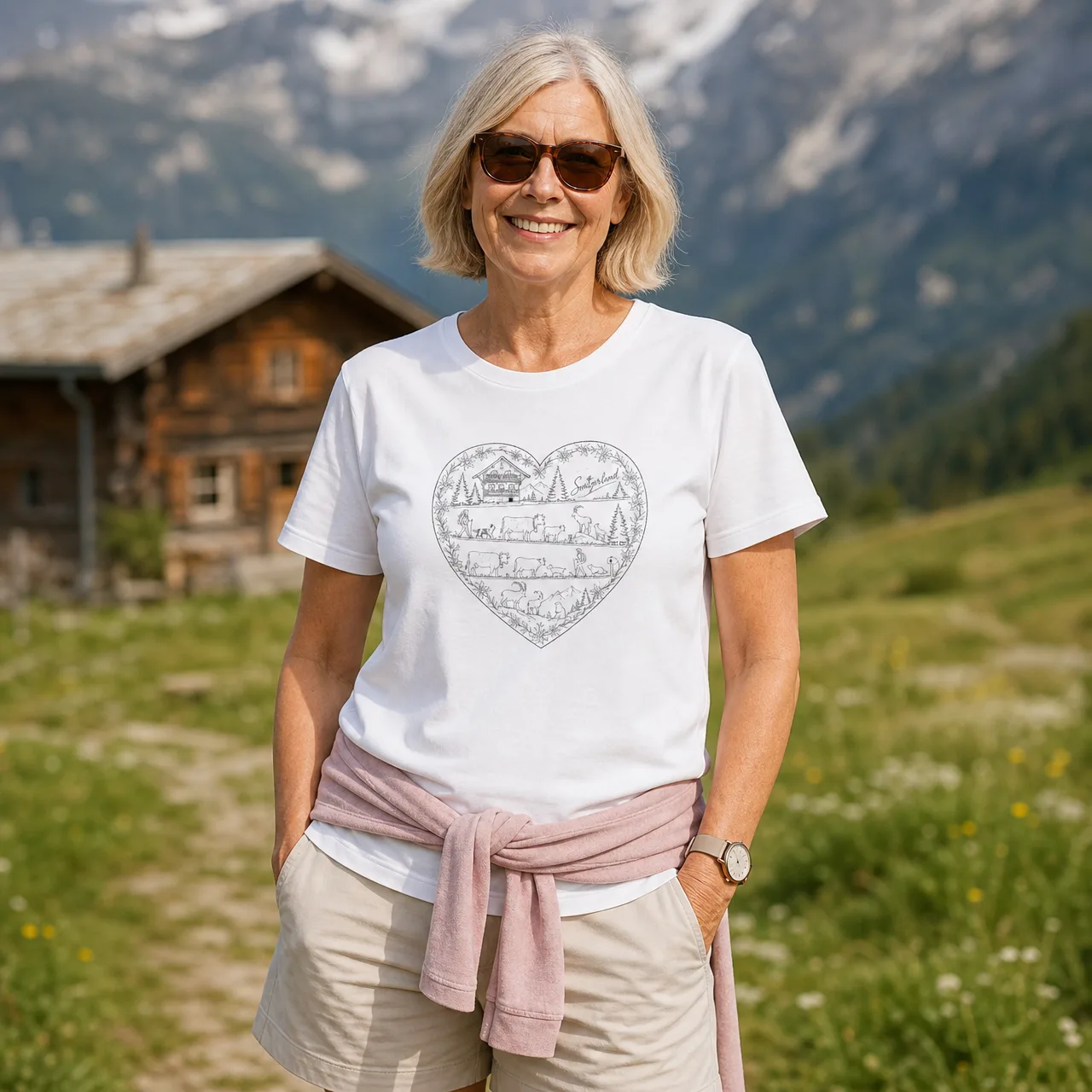 Schweiz Alpenleben Herz, Berg-T-Shirt Herren & Damen, getragen