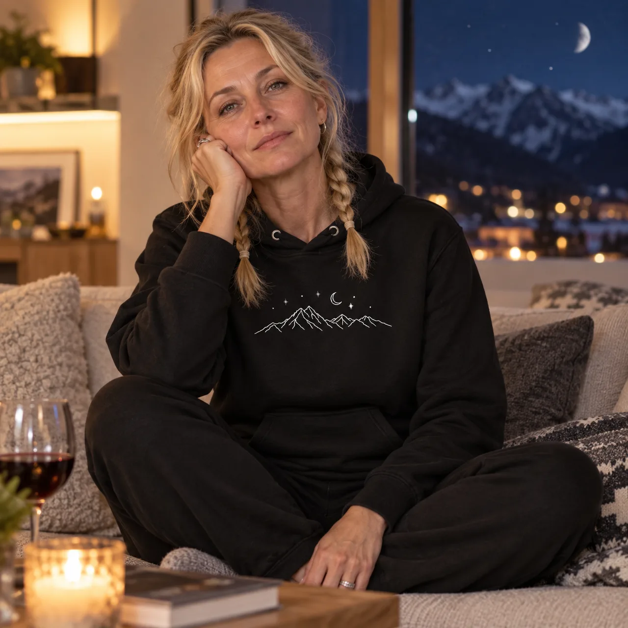 Montagnes de nuit: hoodie alpin au croissant de lune, porté