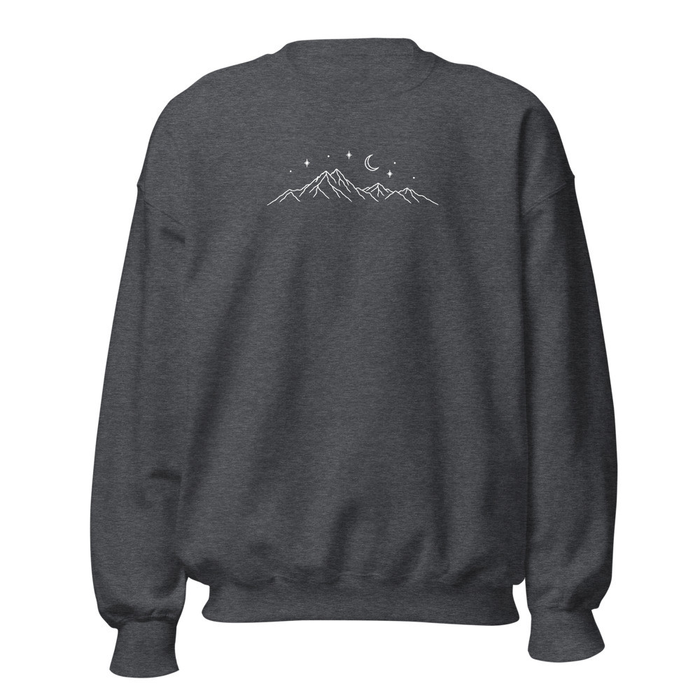 Crescent Moon Over the Peaks, Alps Sweatshirt, mountain sweatshirt with alpine design