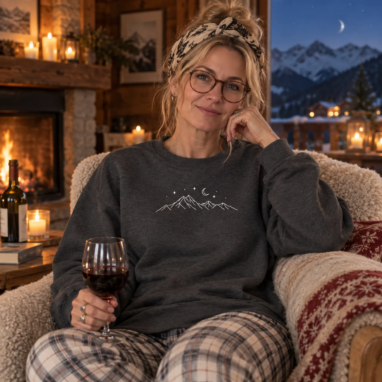 Croissant de lune sur les cimes, sweat-shirt alpin, porté