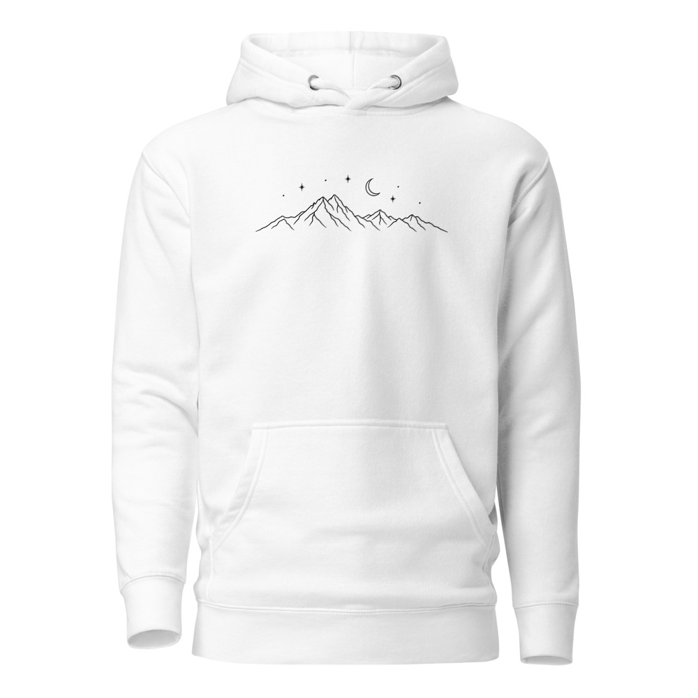 Mountains & Crescent Moon, Swiss Alps Hoodie, mountain hoodie with alpine design