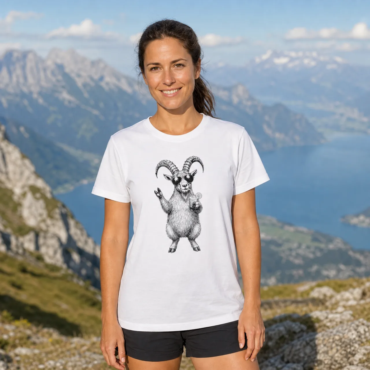 Stambecco cool con occhiali, t-shirt animali delle Alpi, indossata