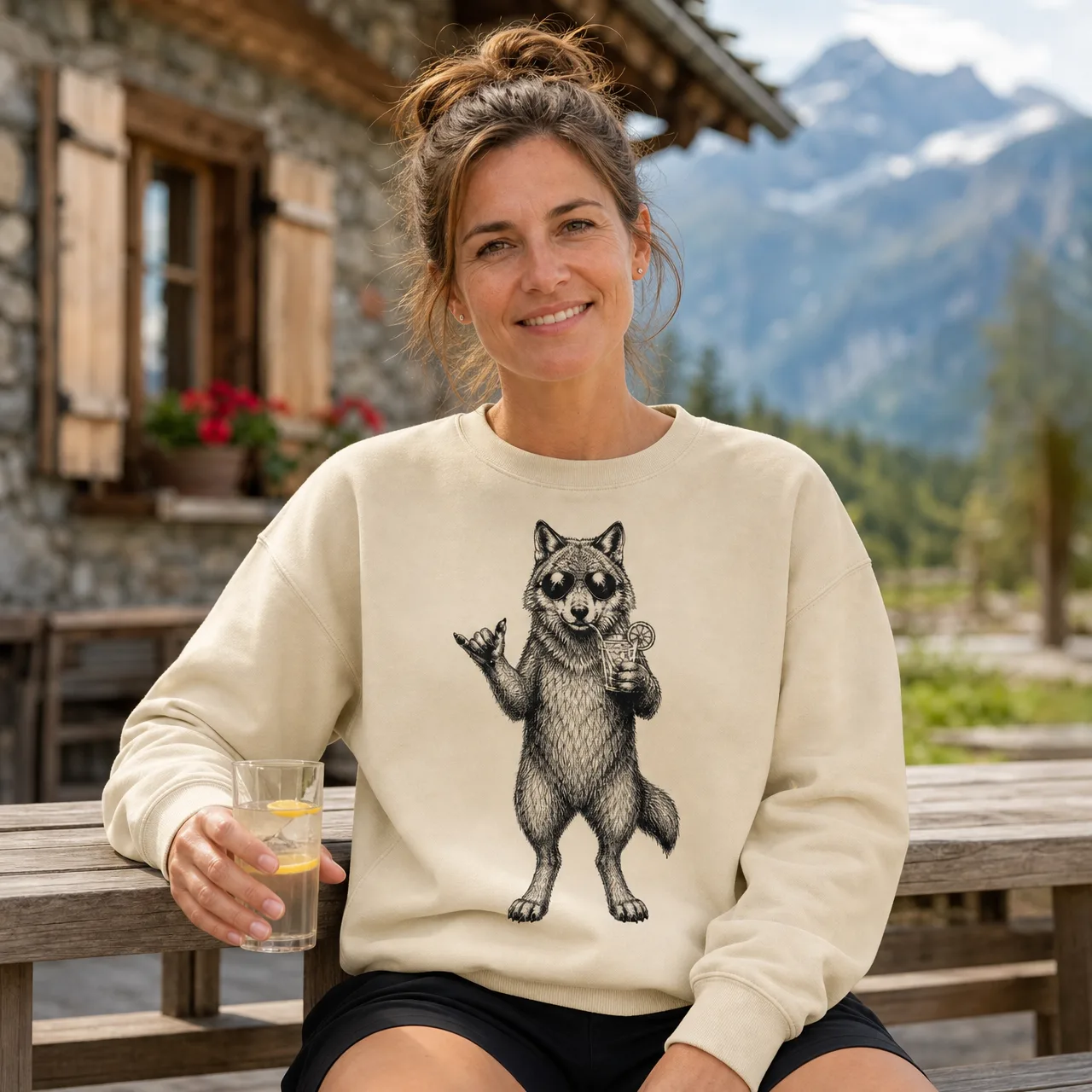Lupo cool con occhiali, felpa animali delle Alpi, indossata