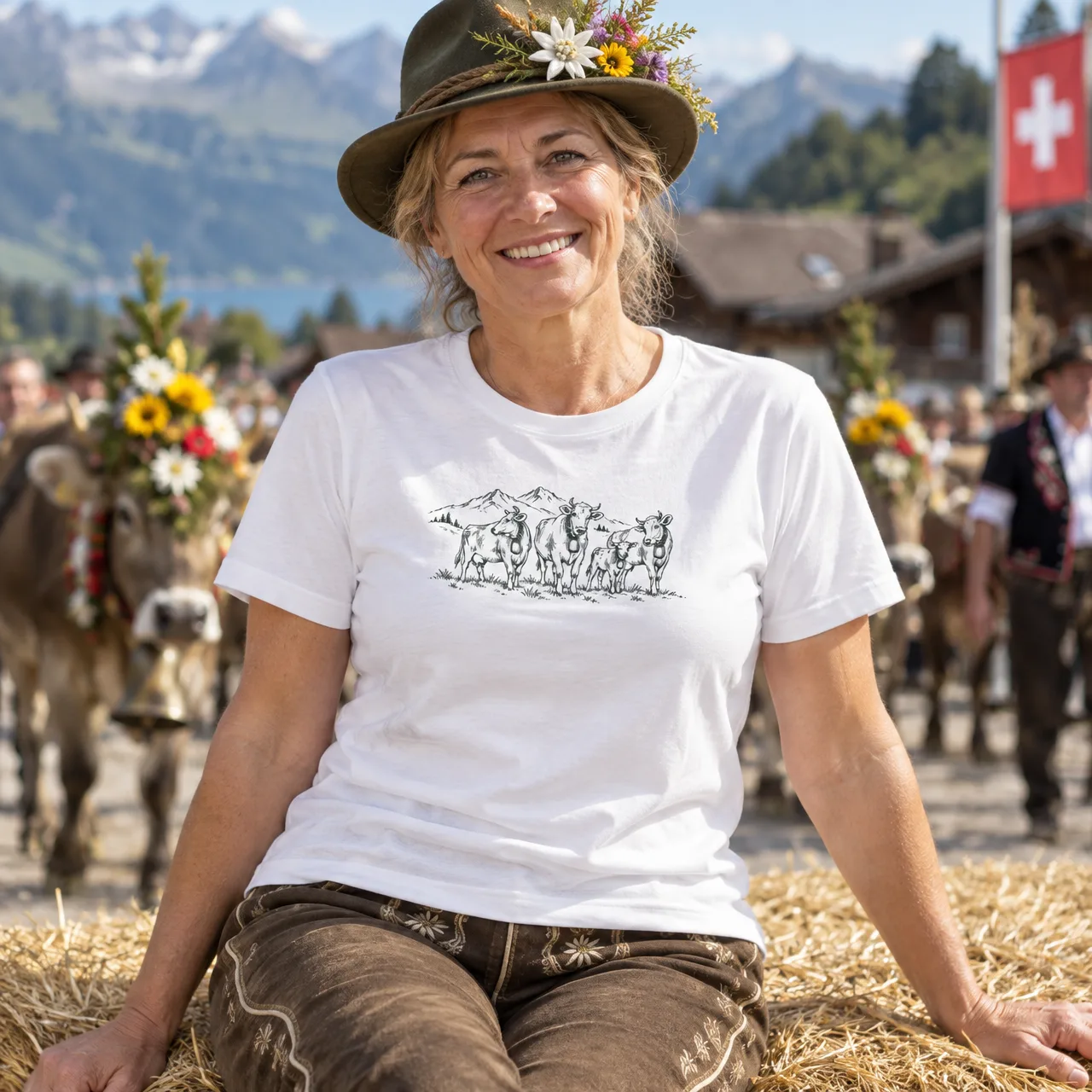 Schweizer Kühe auf der Alm, Alpentier-T-Shirt, getragen
