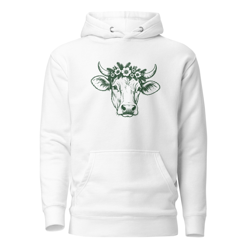 Schweizer Kuh mit Blumenkranz, Alpabzug-Hoodie, Hoodie mit Alpentier-Sujet