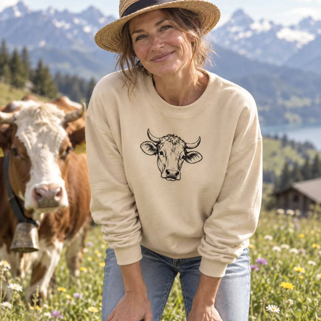 Schweizer Kuh Sweatshirt, Schweizer Tiermotiv, getragen