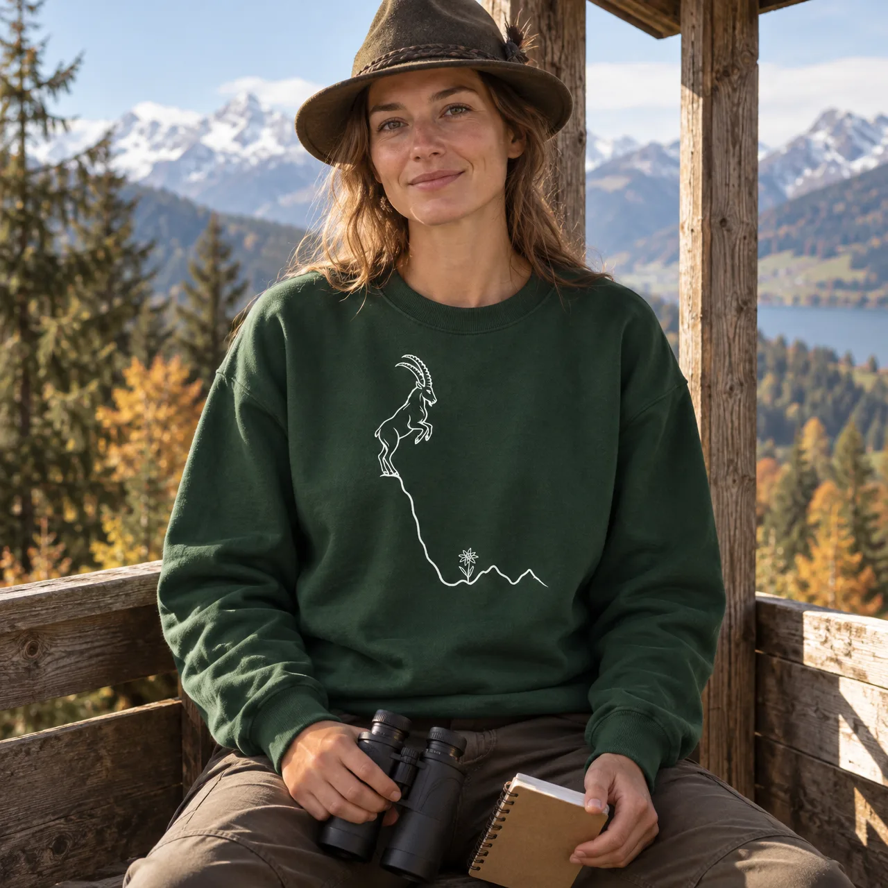 Stambecco & stella alpina: felpa montagna, indossata