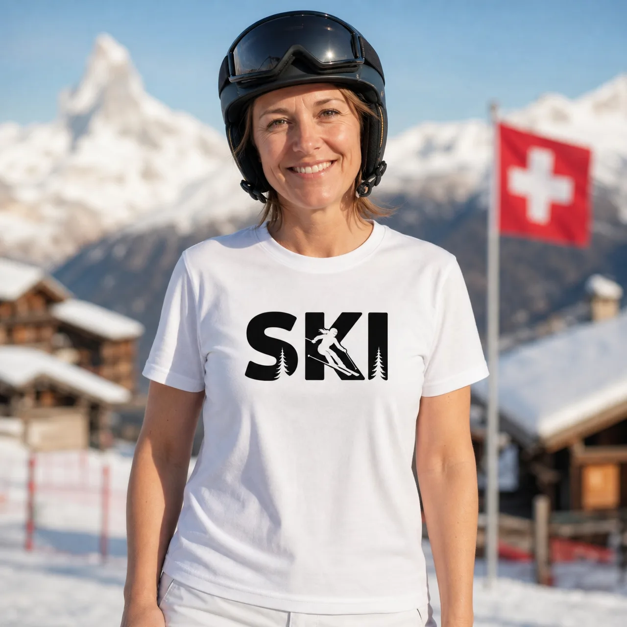 «SKI» con sciatrice, maglietta sci & inverno, indossata
