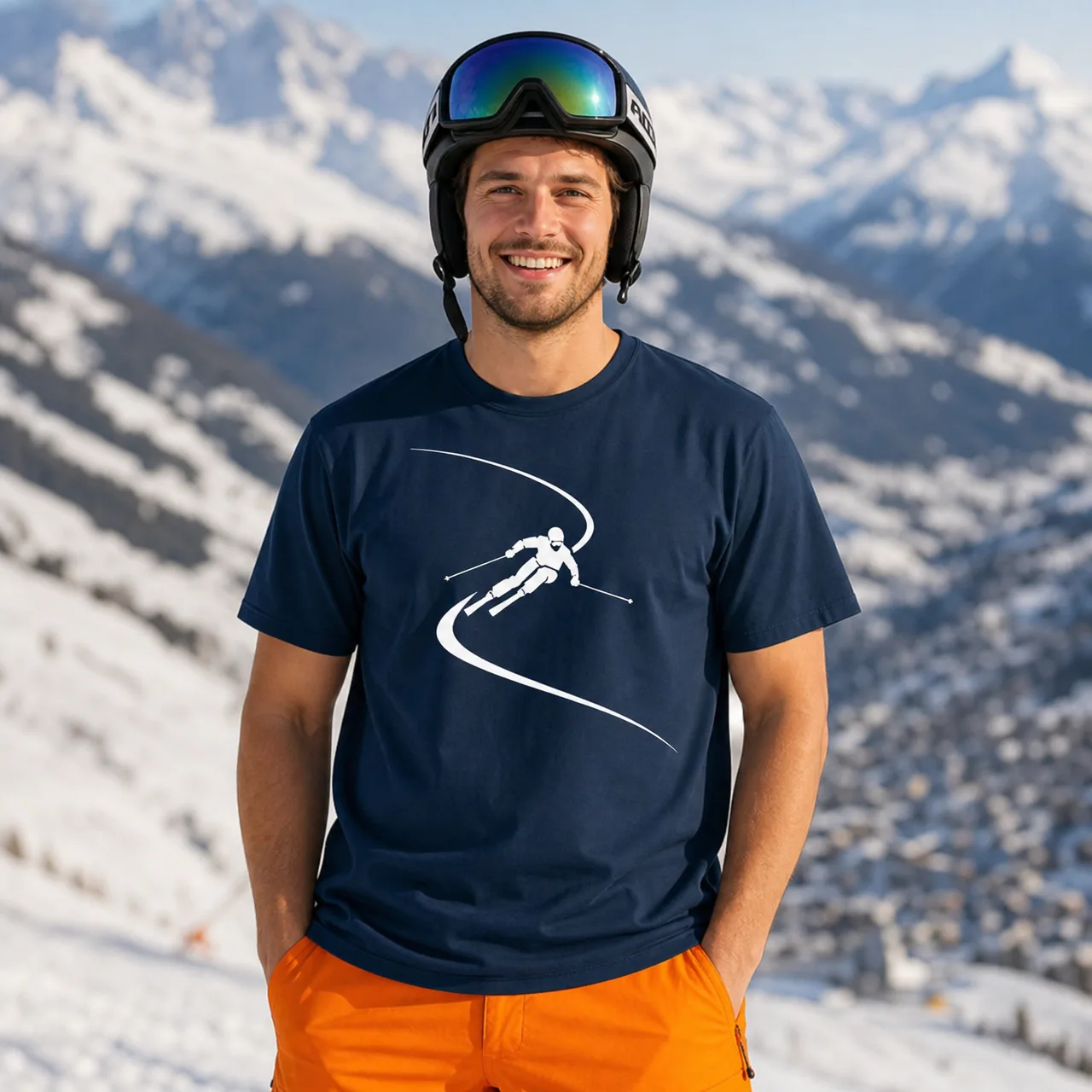 Carving Track on Dark, First Tracks Ski Tee, worn