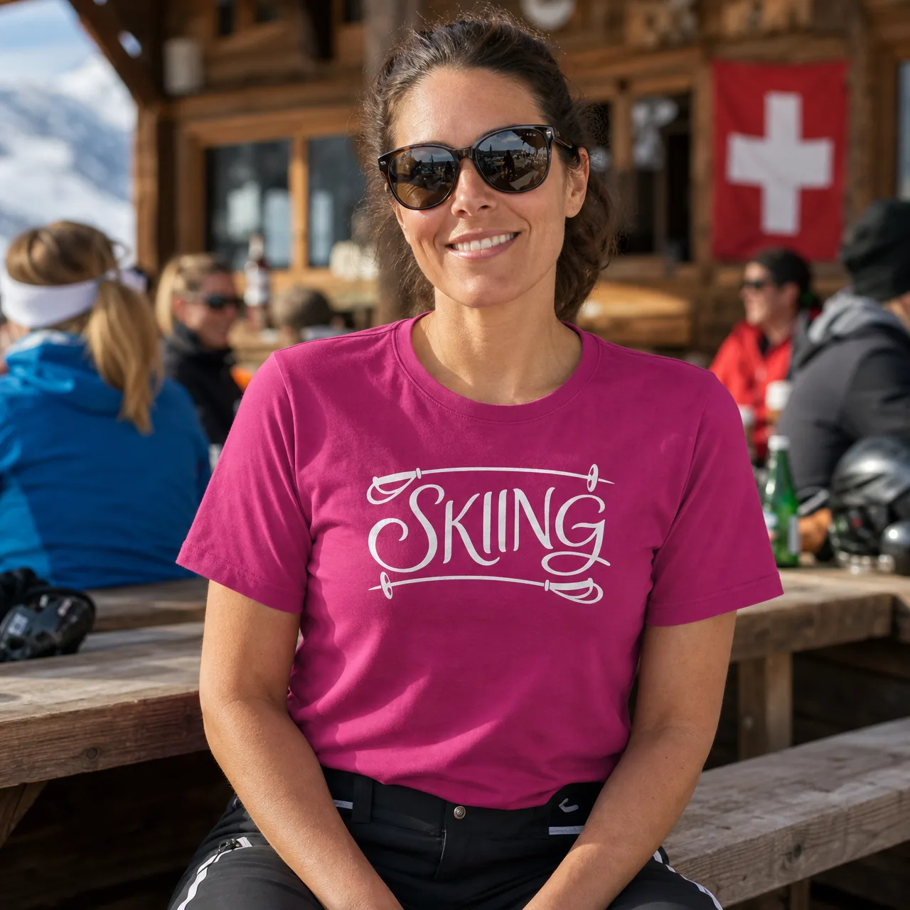 Skiing lettering, maglietta sci & inverno, indossata