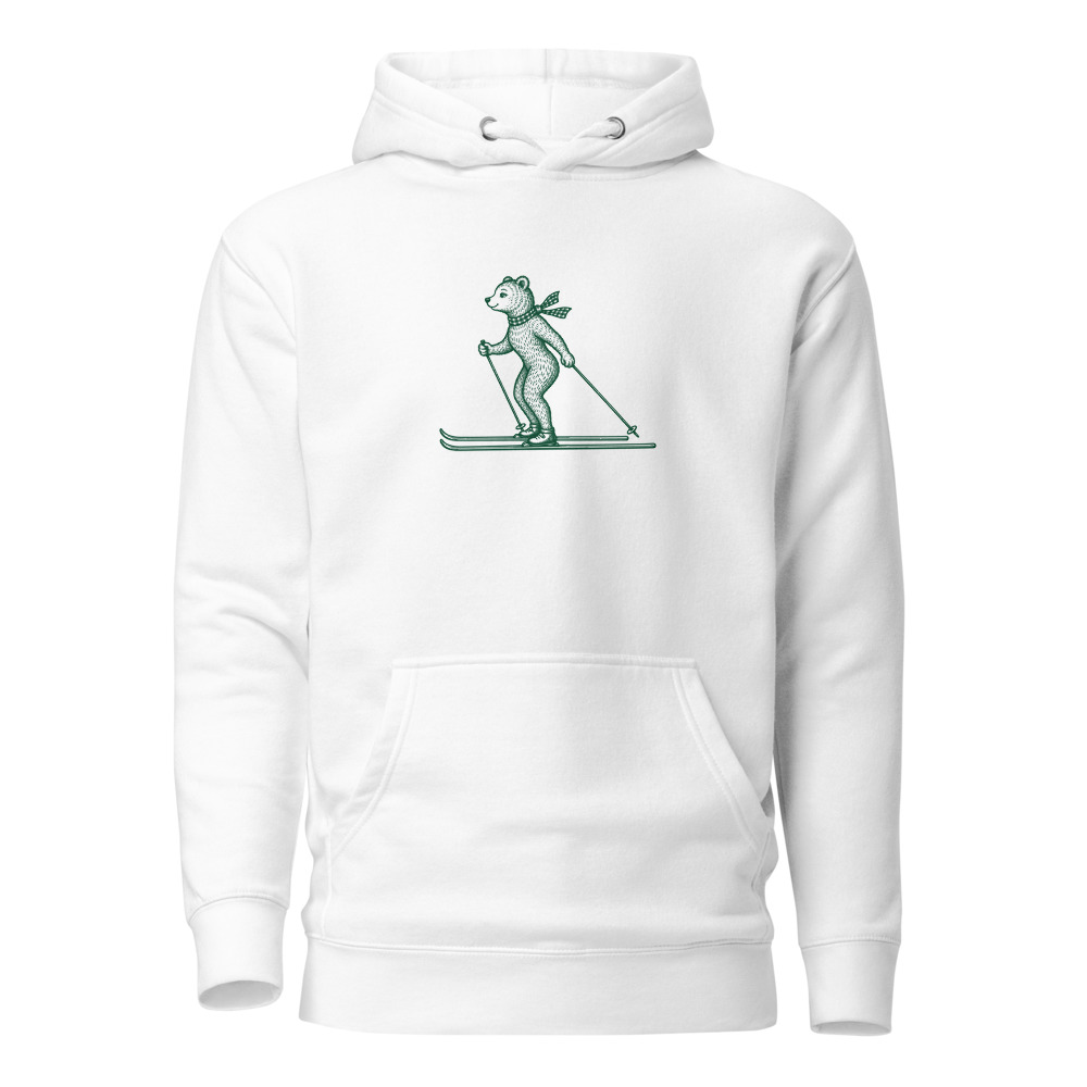 Langlauf-Bär Hoodie, Schweizer Tiermotiv, Hoodie mit Alpentier-Sujet
