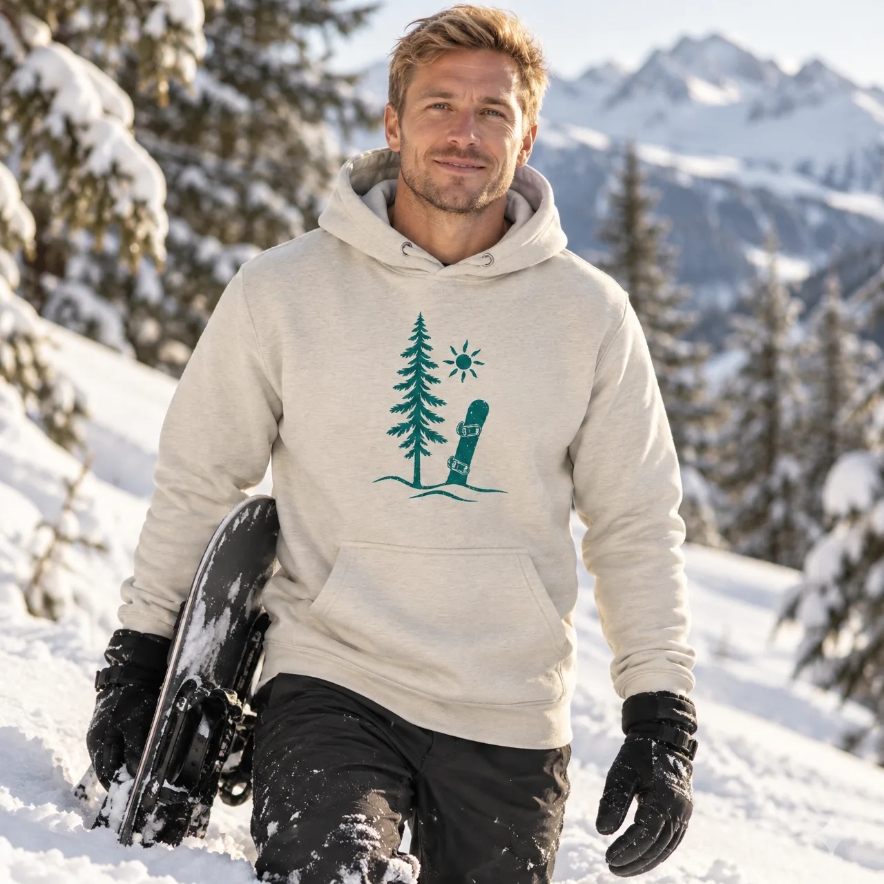 Snowboard in the Woods, Winter Sports Hoodie, worn