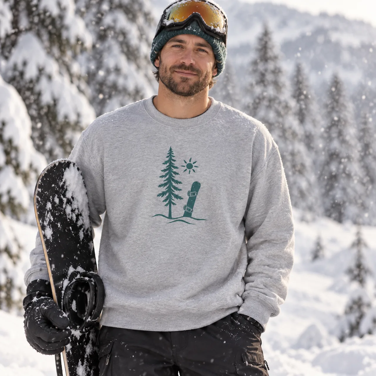 Snowboard im Wald Sweatshirt für Snowboarder, getragen