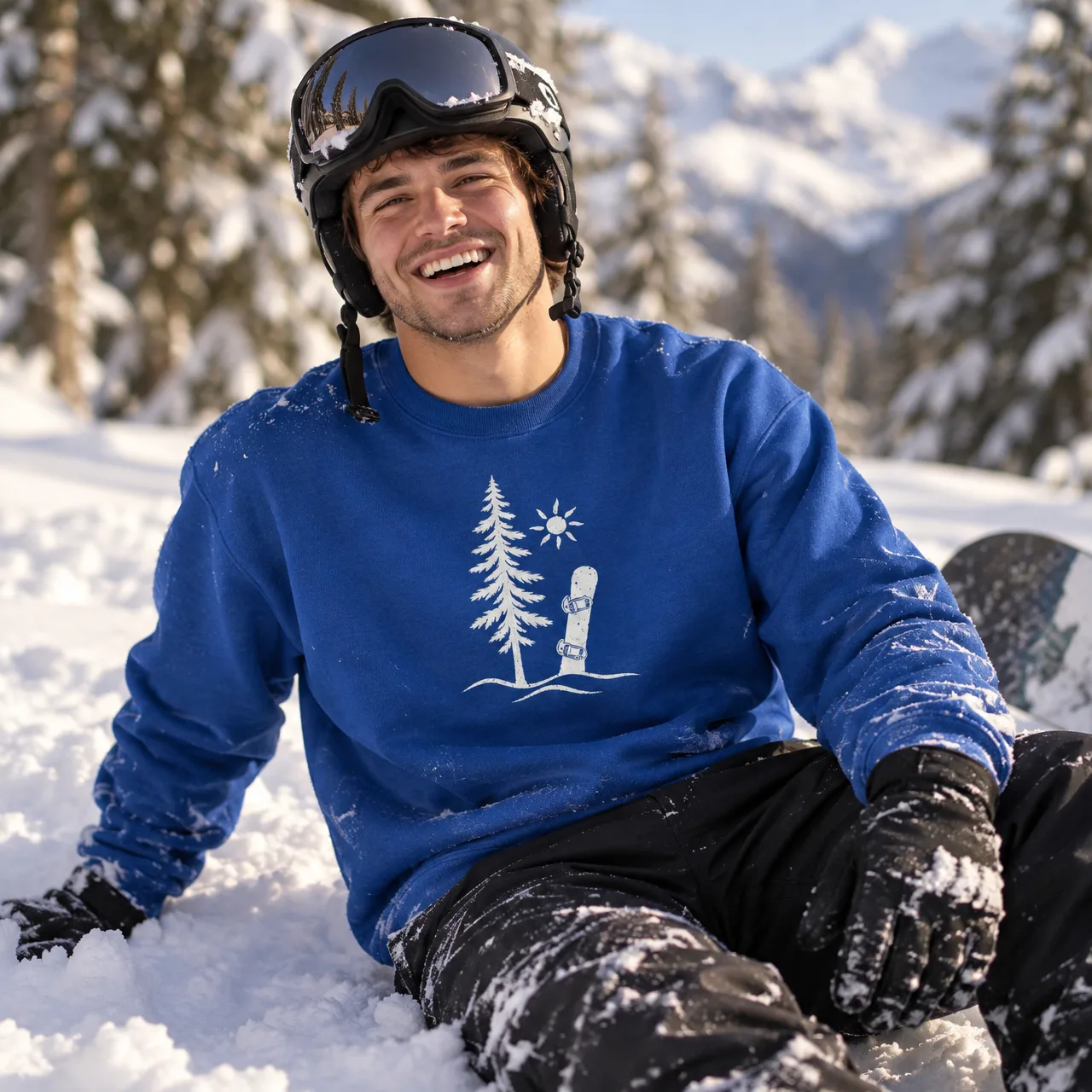Snowboard im Schnee, Snowboard Sweatshirt, getragen